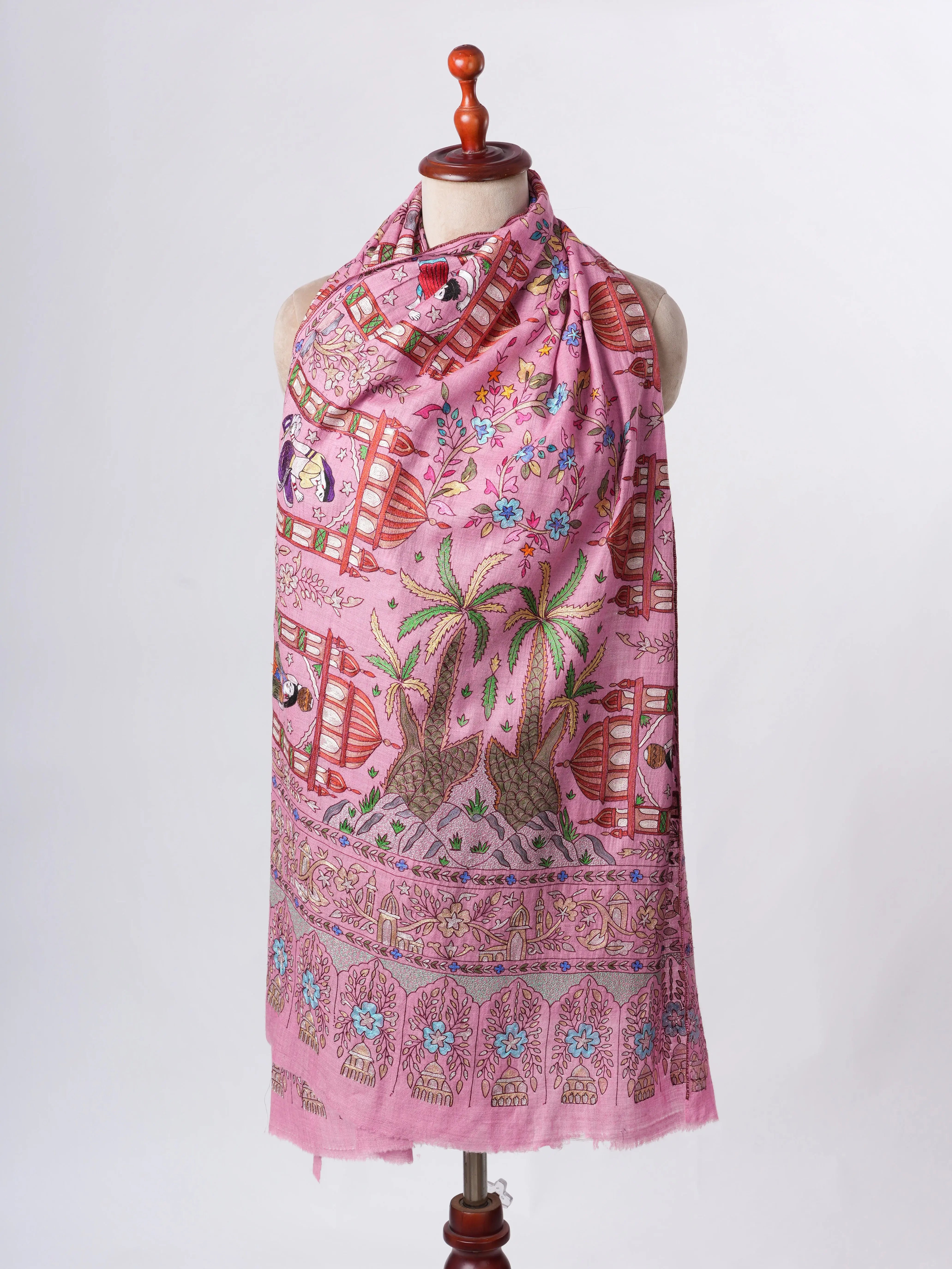 Pink Hand Embroidered Cashmere Scarf – Art Silk Zari Detailing Shahkaar