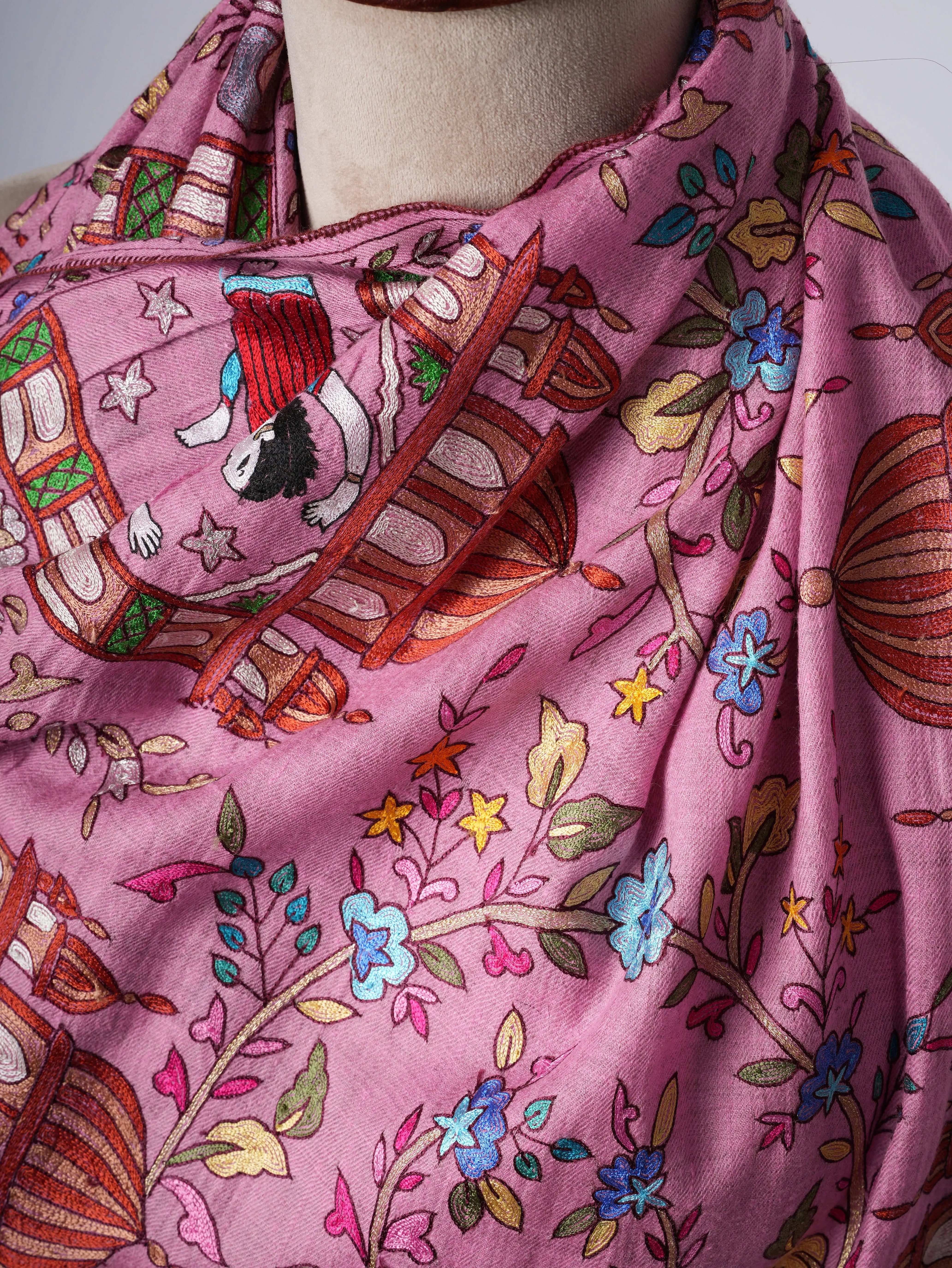 Pink Hand Embroidered Cashmere Scarf – Art Silk Zari Detailing Shahkaar