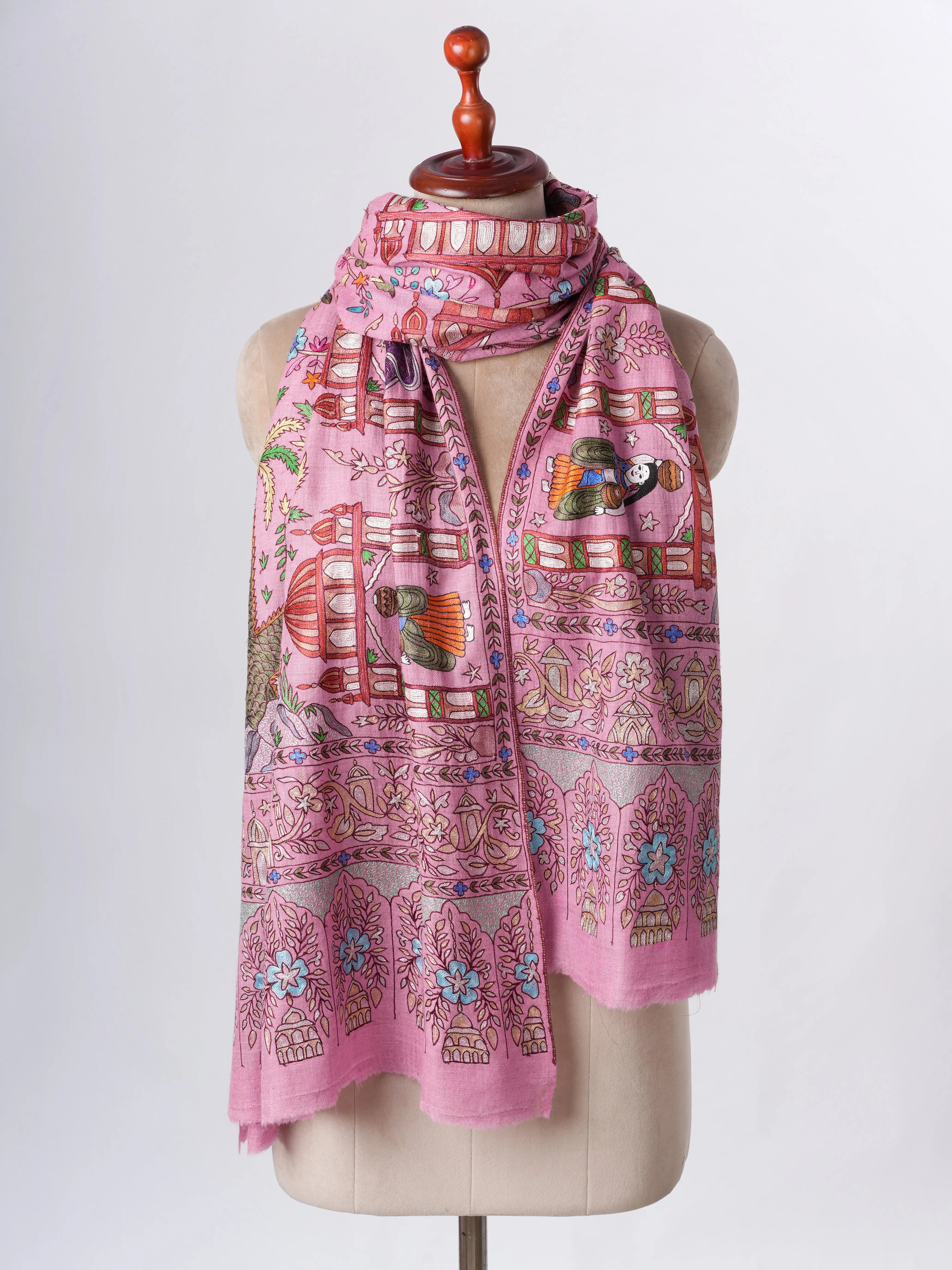 Pink Hand Embroidered Cashmere Scarf – Art Silk Zari Detailing Shahkaar