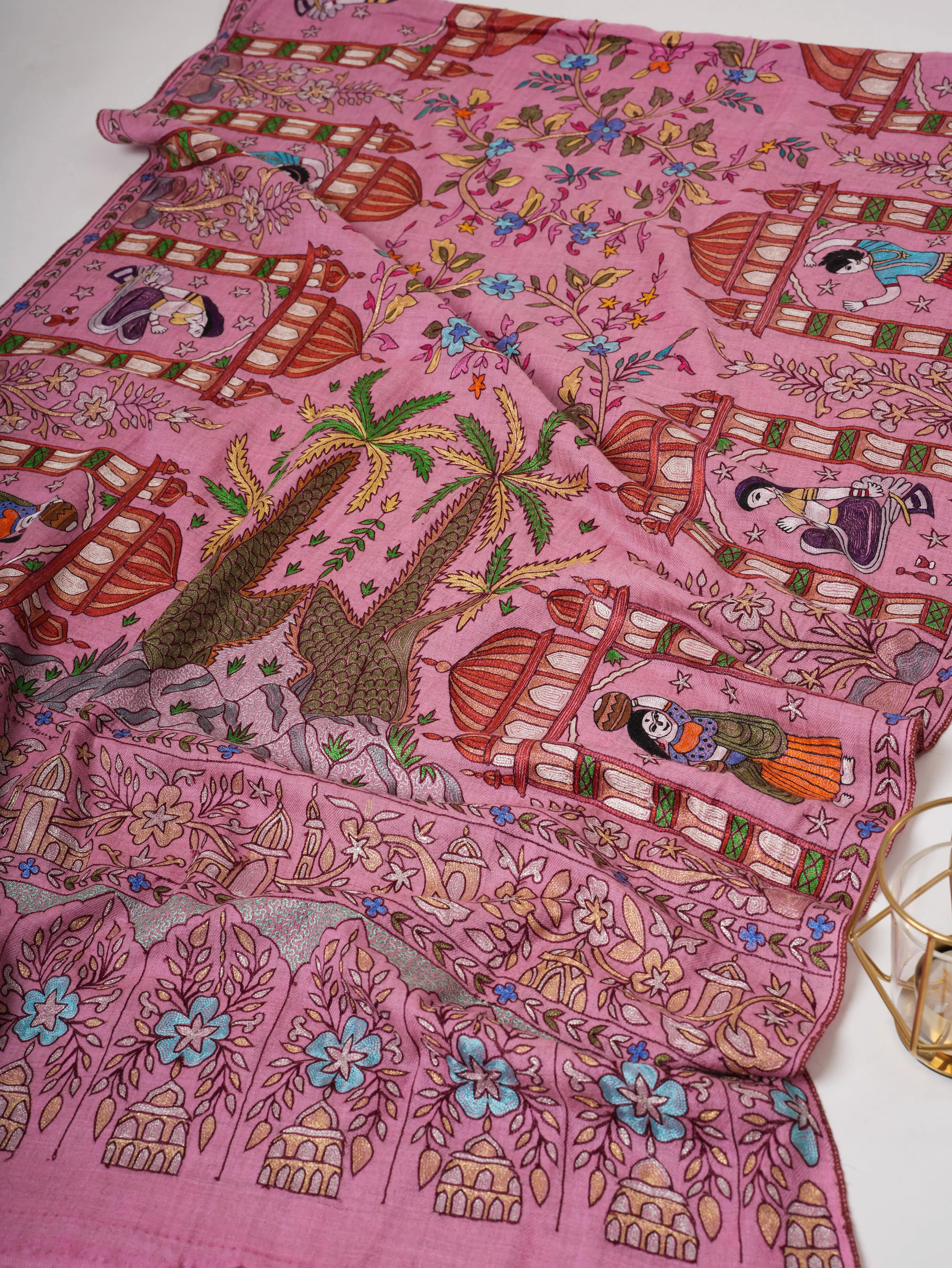 Pink Hand Embroidered Cashmere Scarf – Art Silk Zari Detailing Shahkaar