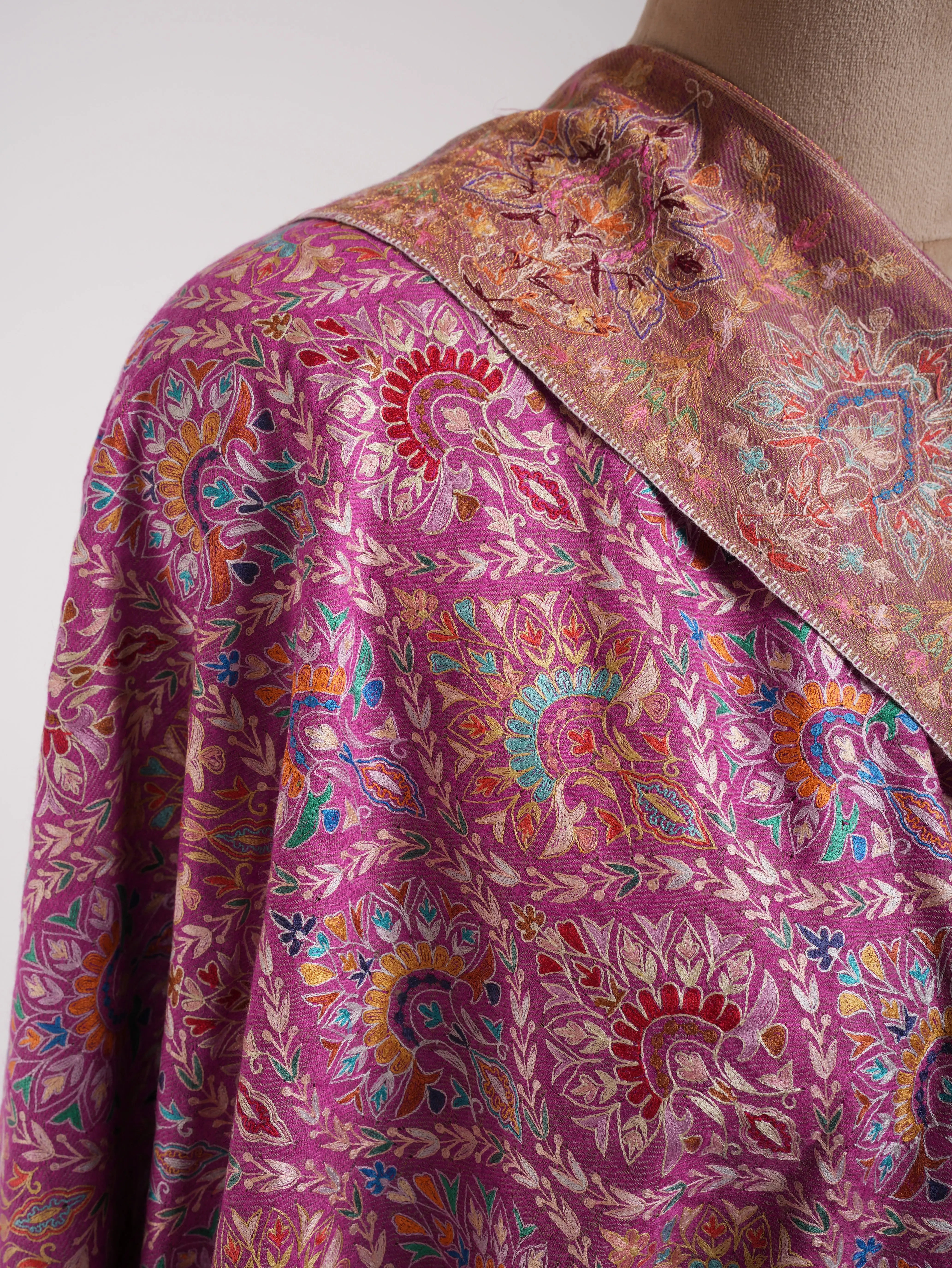 Pink and Gold Fusion Dorukha Hand Embroidered Pashmina Shawl Shahkaar