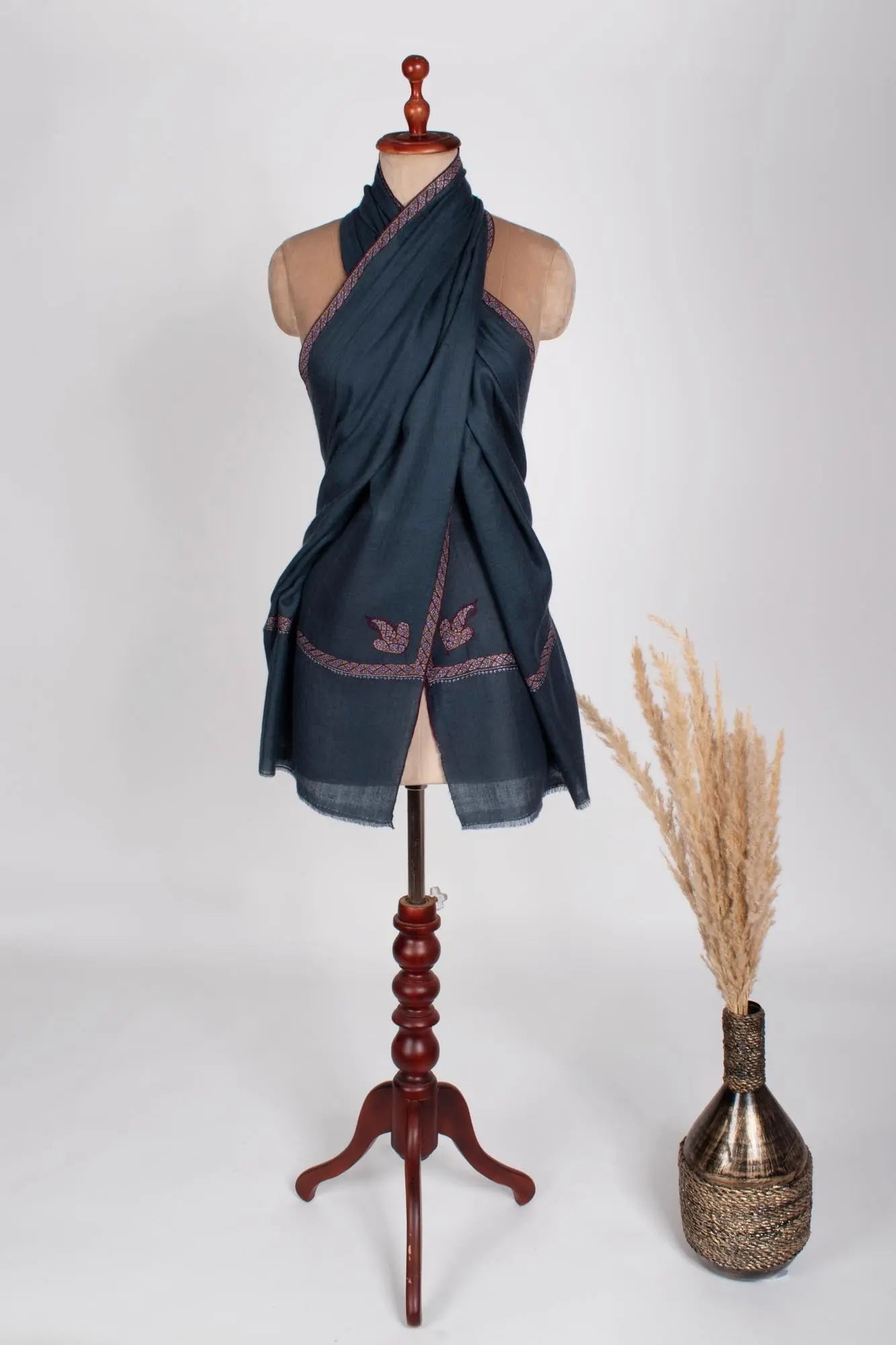 Prussian Blue Hand Embroidered Cashmere Wrap - DECATUR Shahkaar