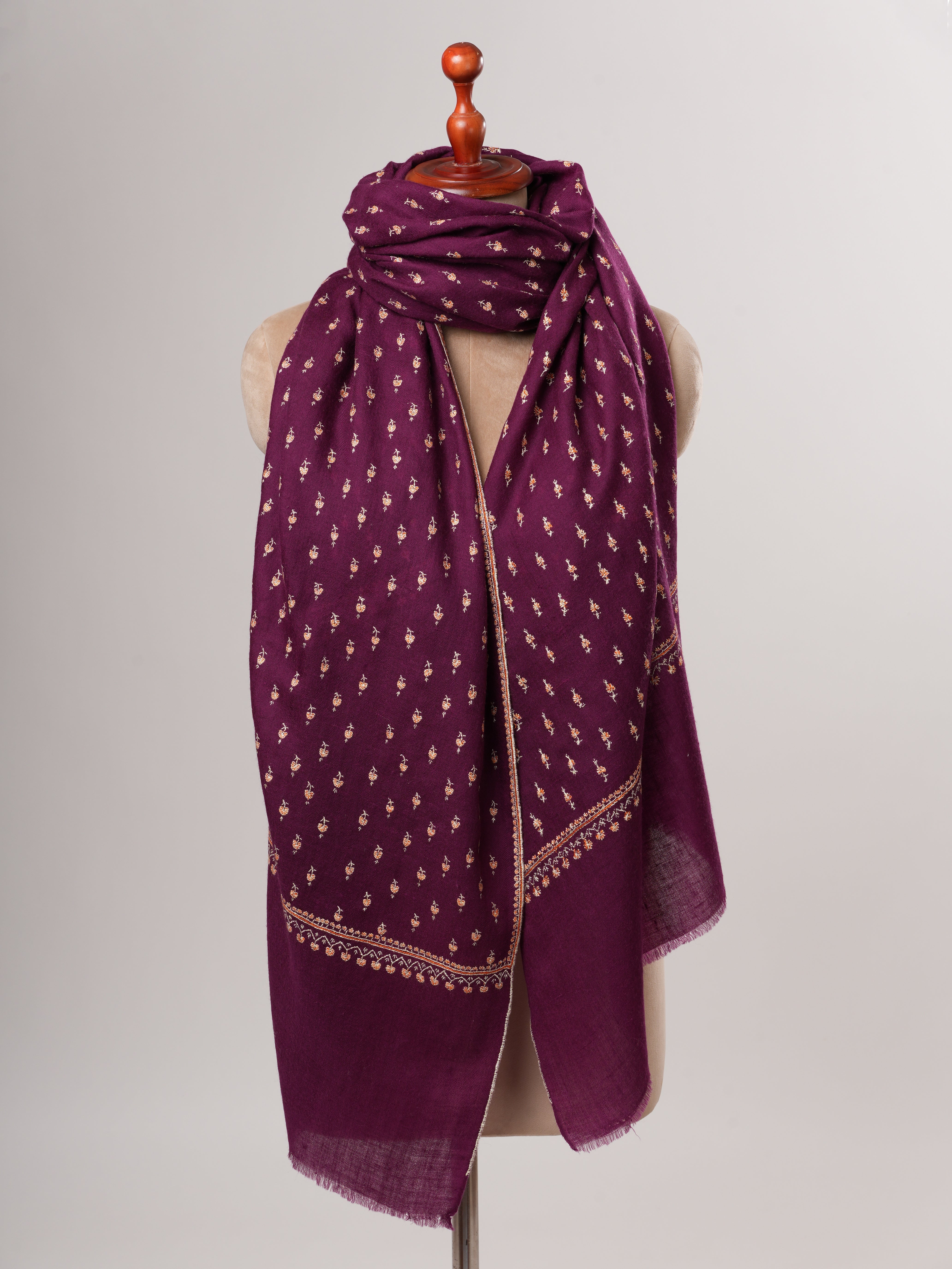 Purple Mache Buteh Hand Embroidered Kashmiri Pashmina Shawl Shahkaar