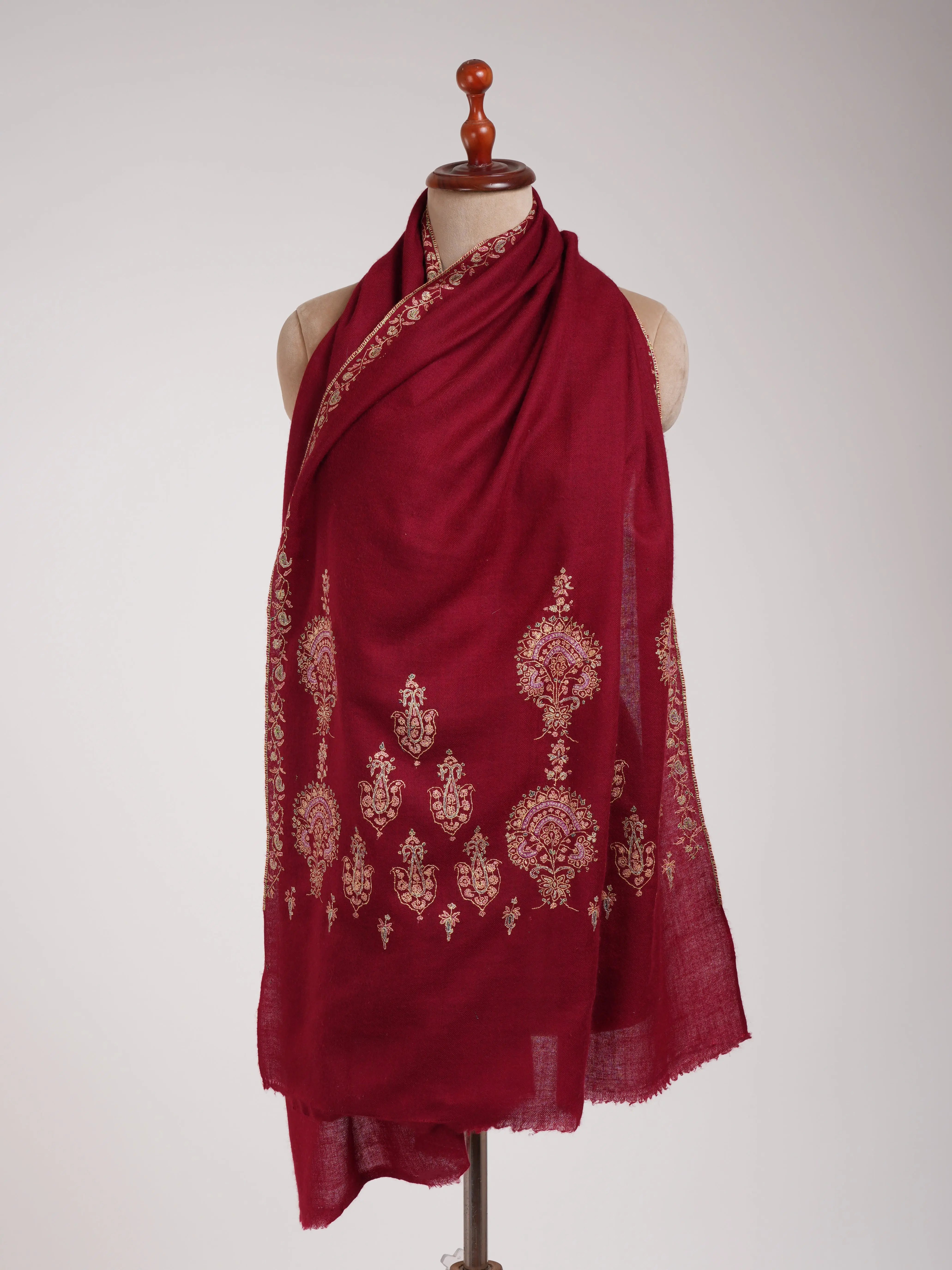 Red Embroidered Indian Cashmere Scarf Shahkaar