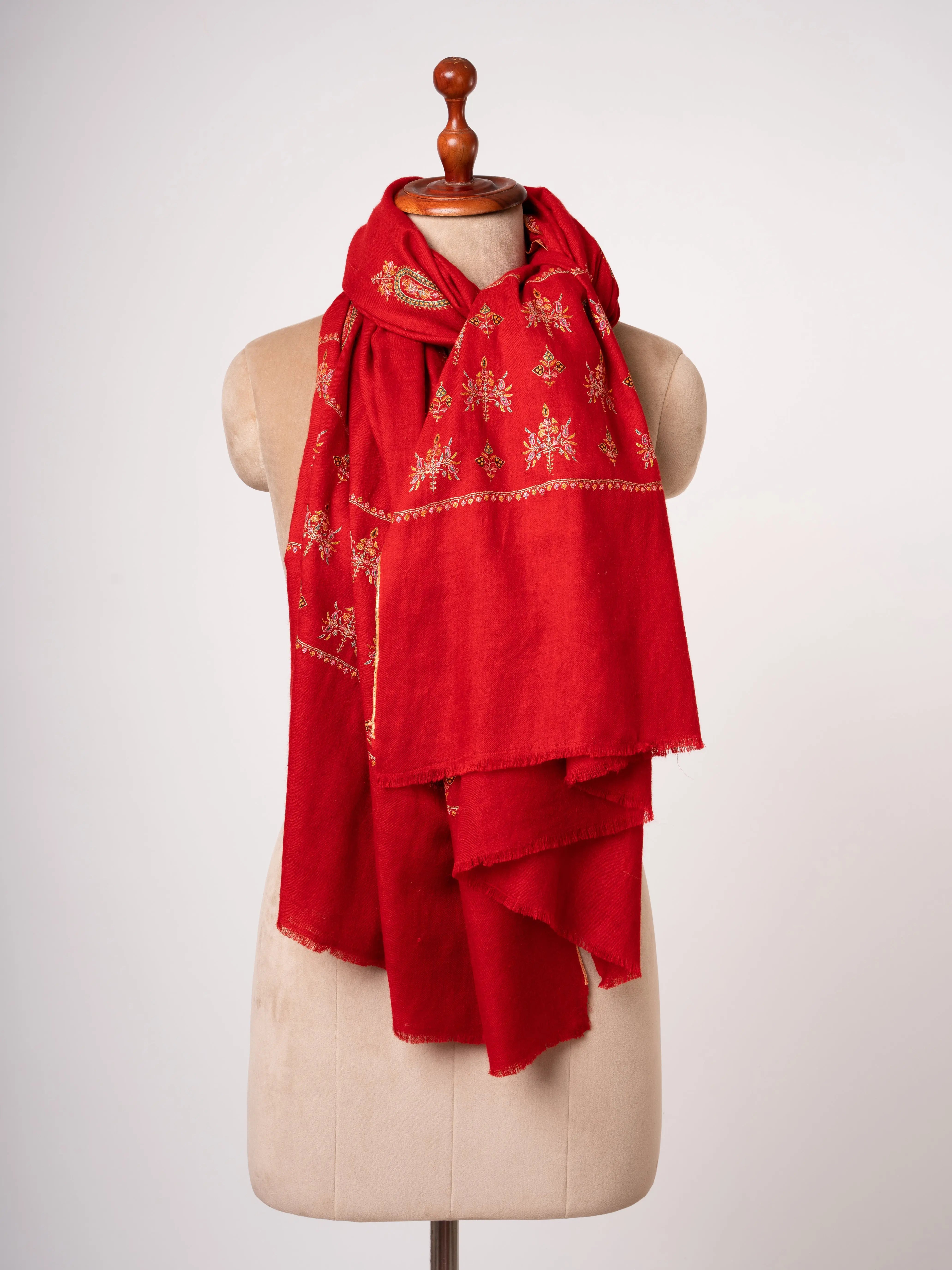 Red Handspun Pashmina Shawl with Mulberry Silk Embroidery Shahkaar