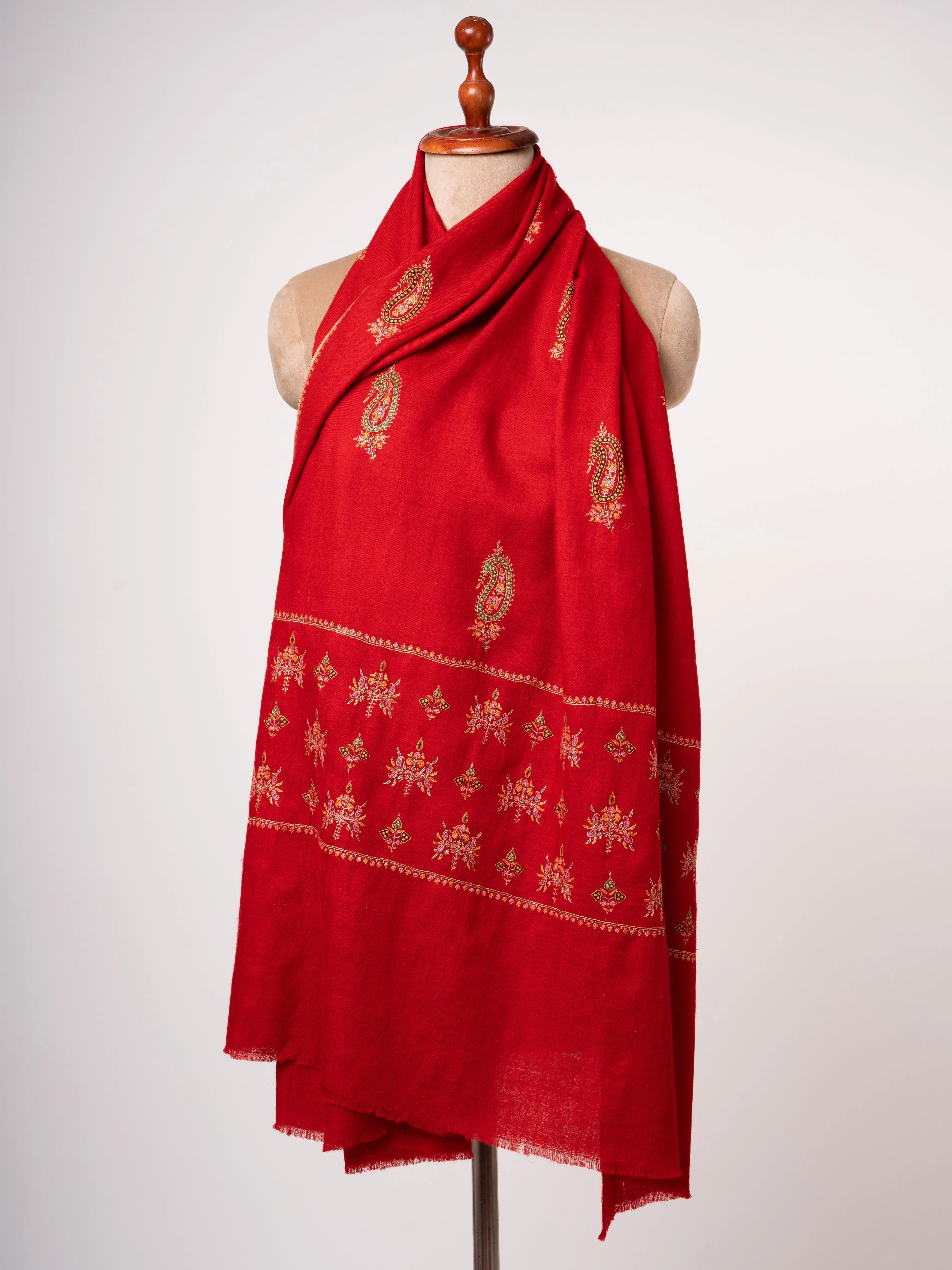 Red Handspun Pashmina Shawl with Mulberry Silk Embroidery Shahkaar