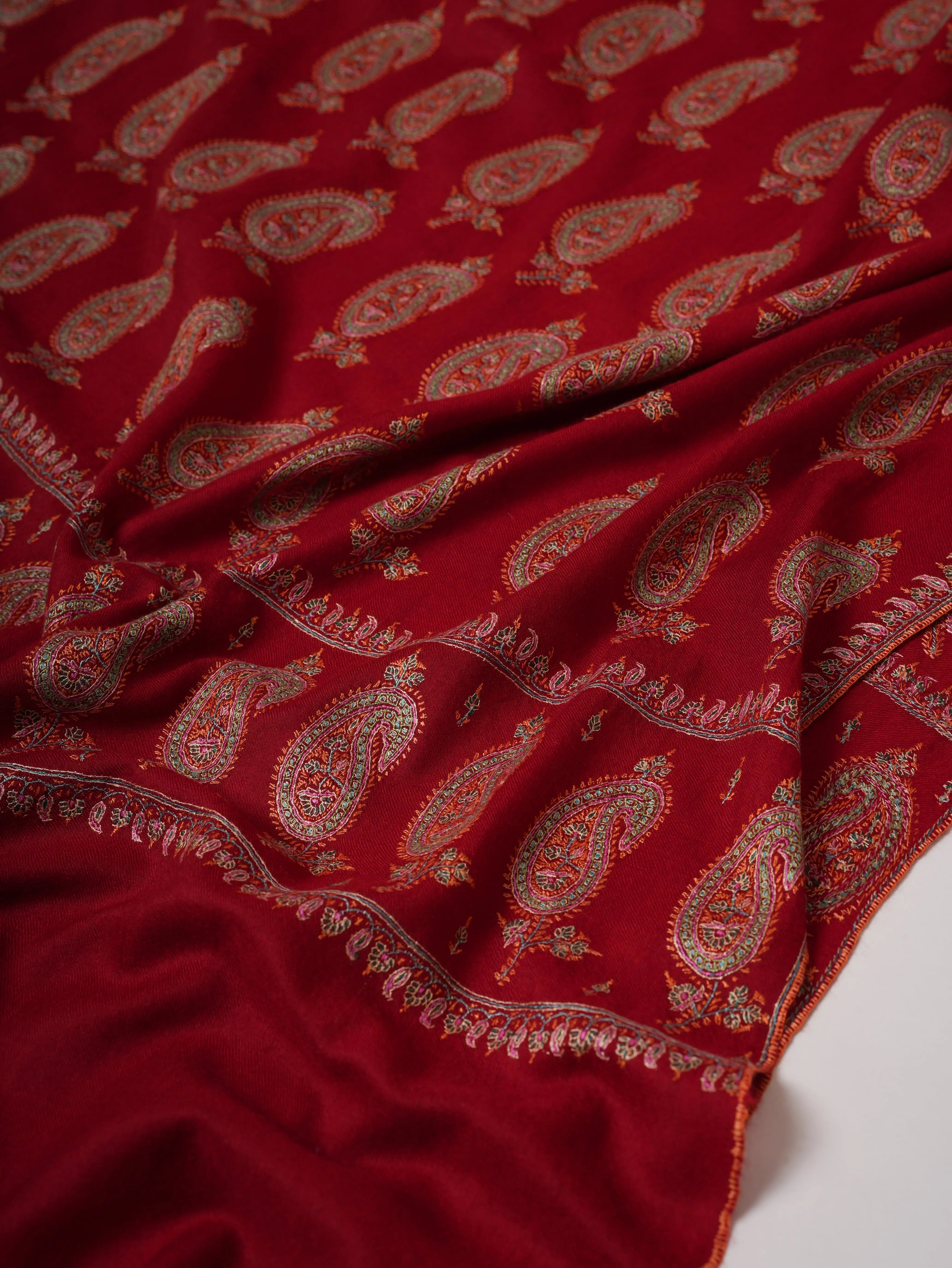 Red Kashmiri Pashmina Shawl with Hand Embroidered Paisley Motifs Shahkaar