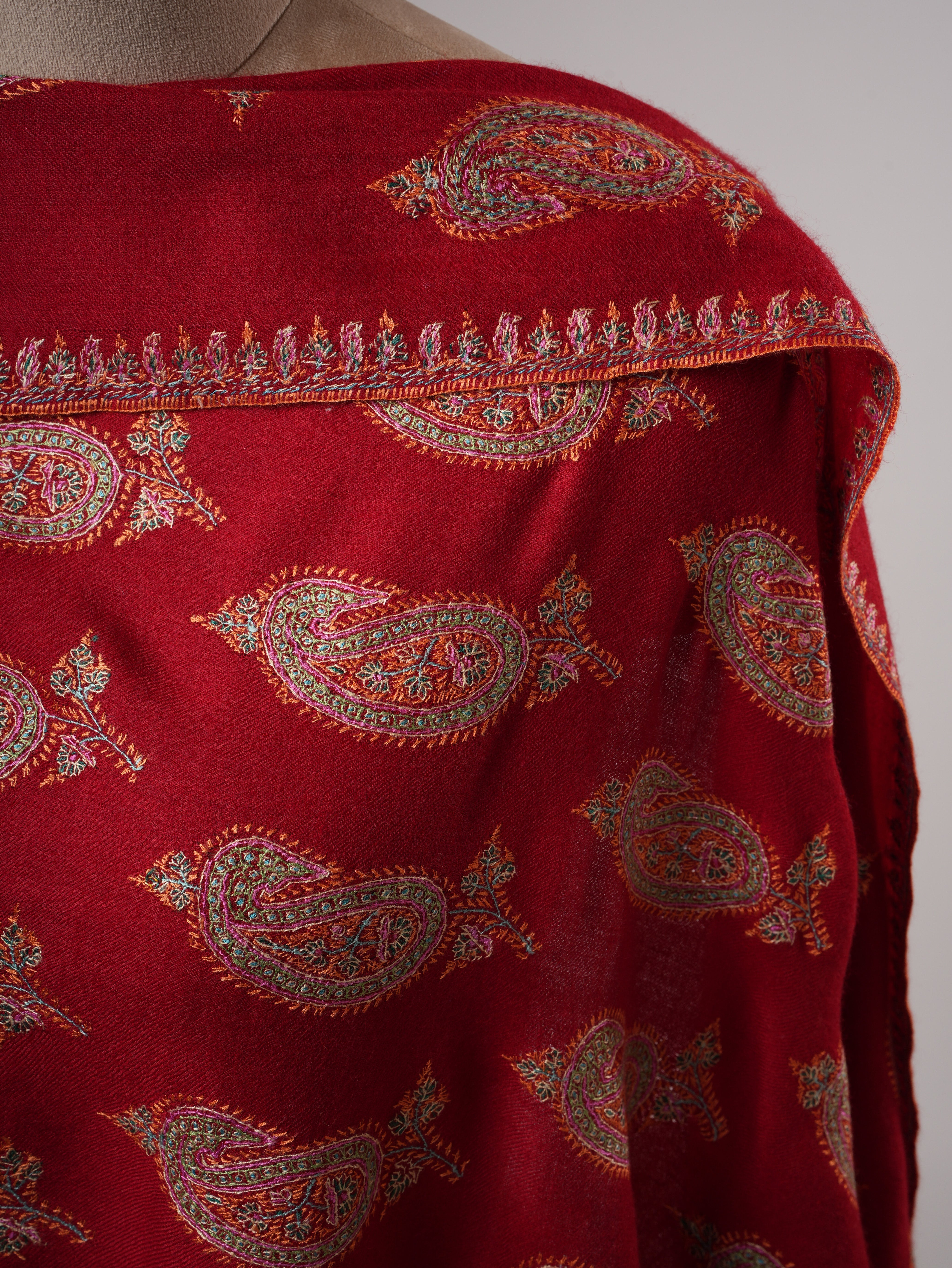 Red Kashmiri Pashmina Shawl with Hand Embroidered Paisley Motifs Shahkaar