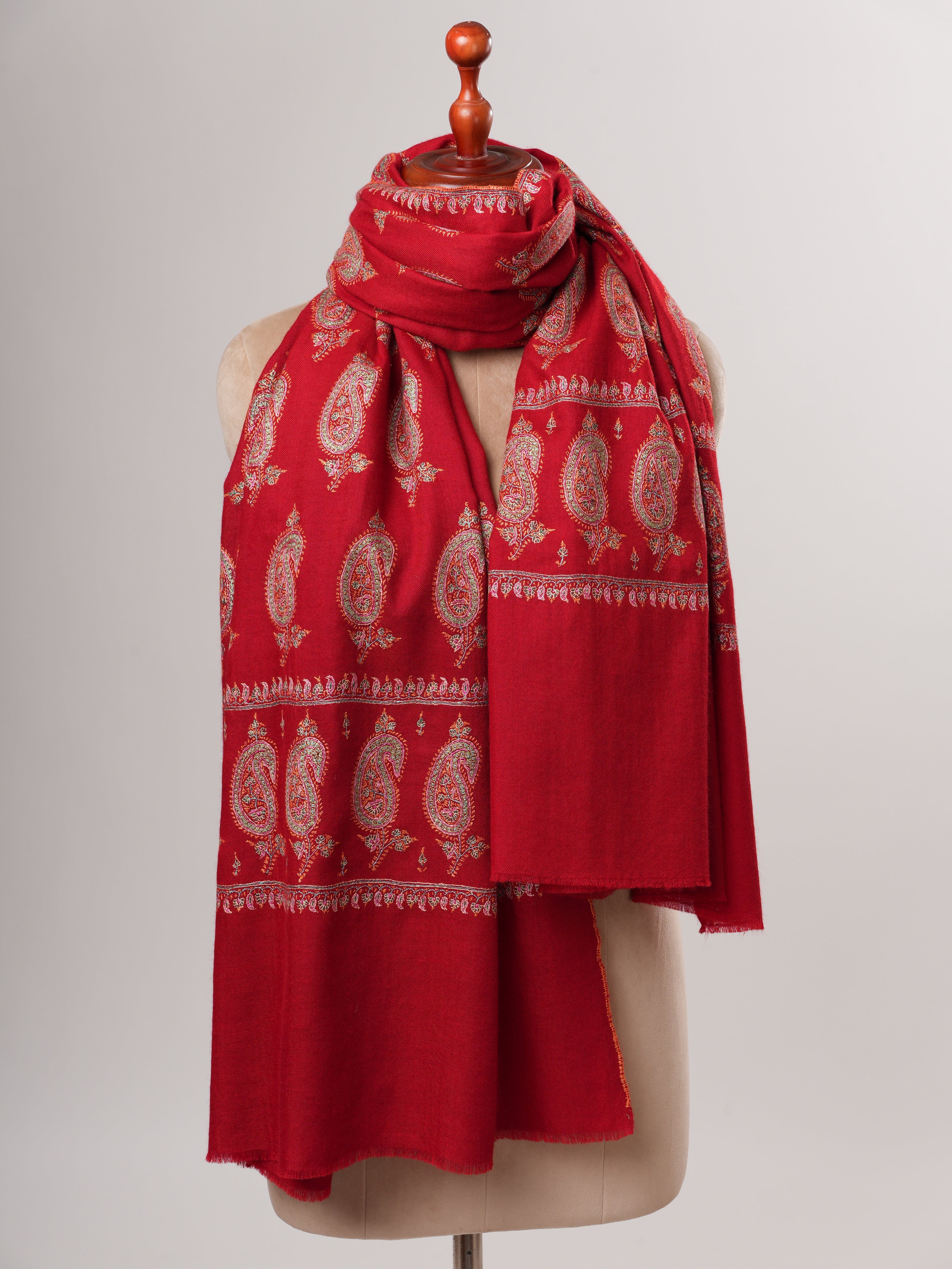 Red Kashmiri Pashmina Shawl with Hand Embroidered Paisley Motifs Shahkaar