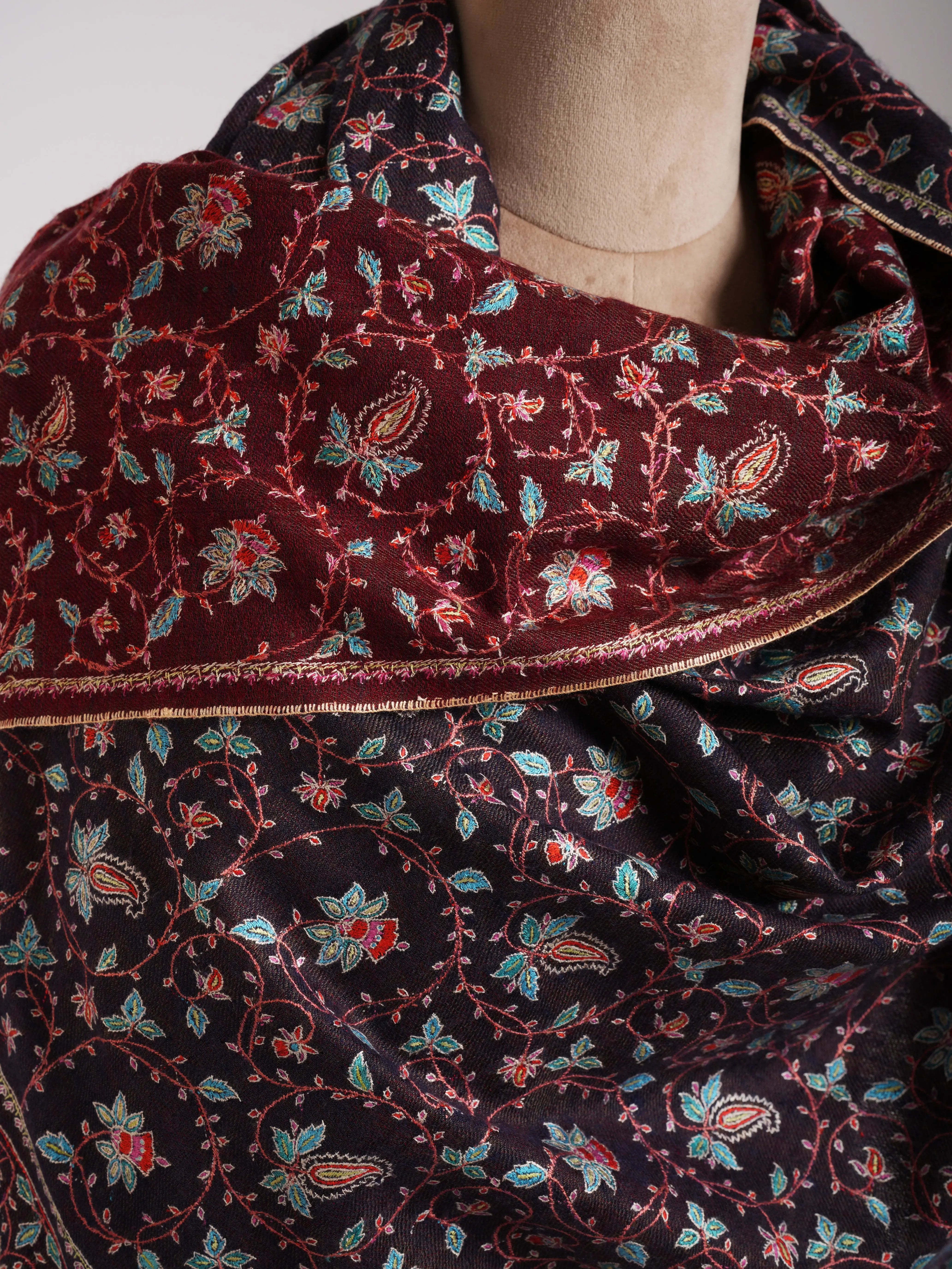 Red and Blue Dual shade Hand Embroidered Pashmina Shawl Shahkaar