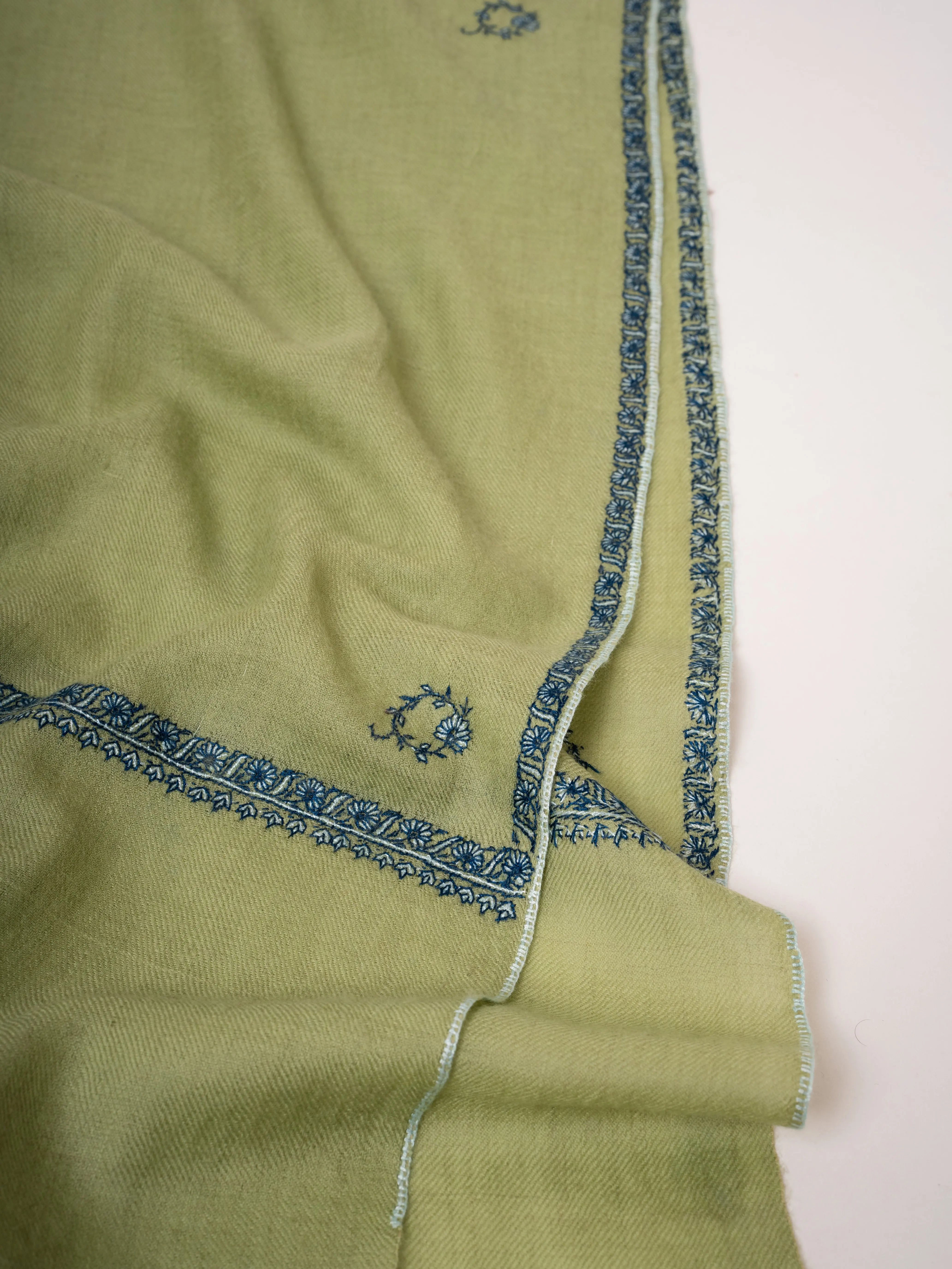 Sage Green Kashmiri Cashmere Scarf Hand Embroidered Border & Booti Motifs Shahkaar