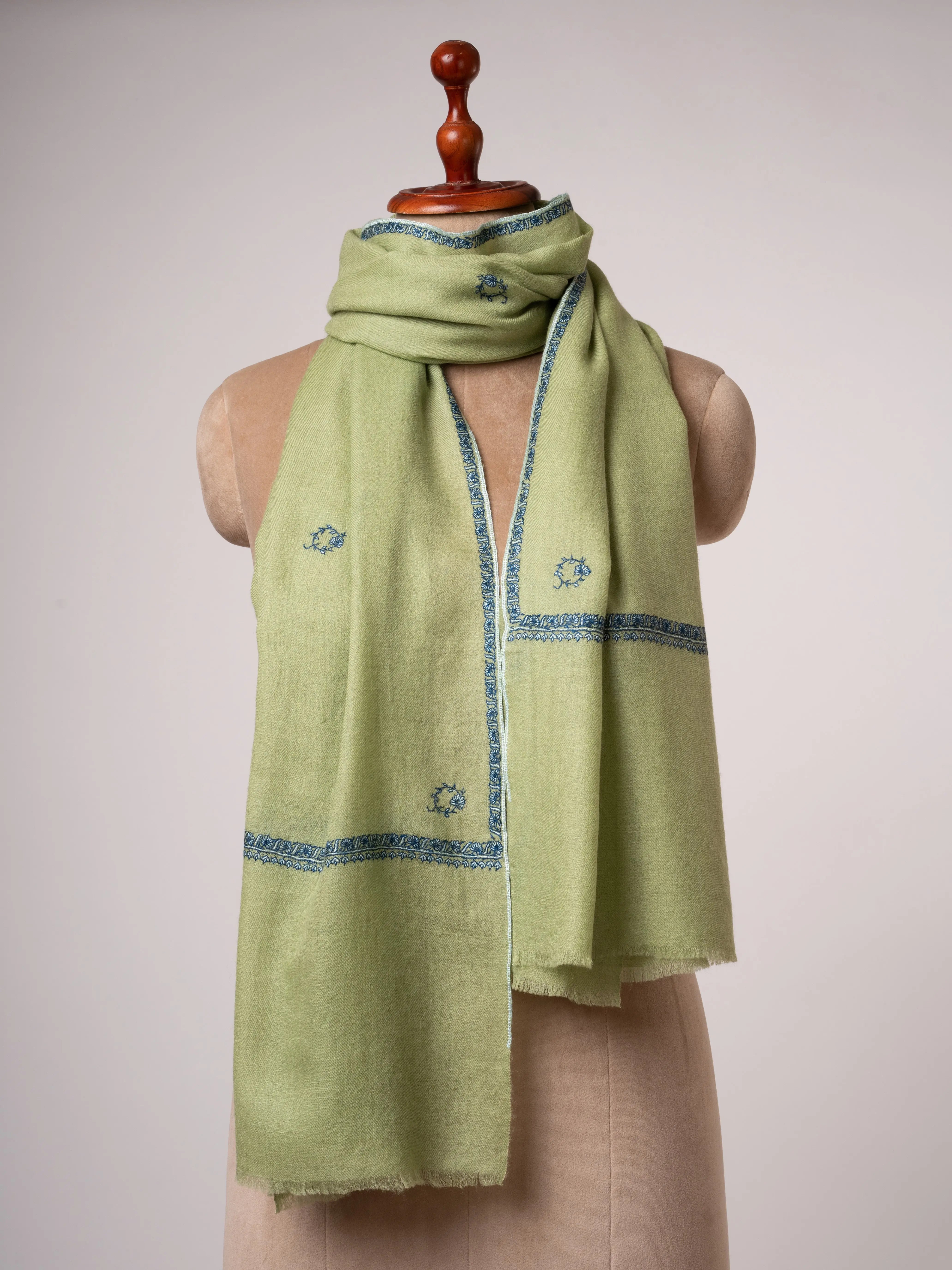 Sage Green Kashmiri Cashmere Scarf Hand Embroidered Border & Booti Motifs Shahkaar