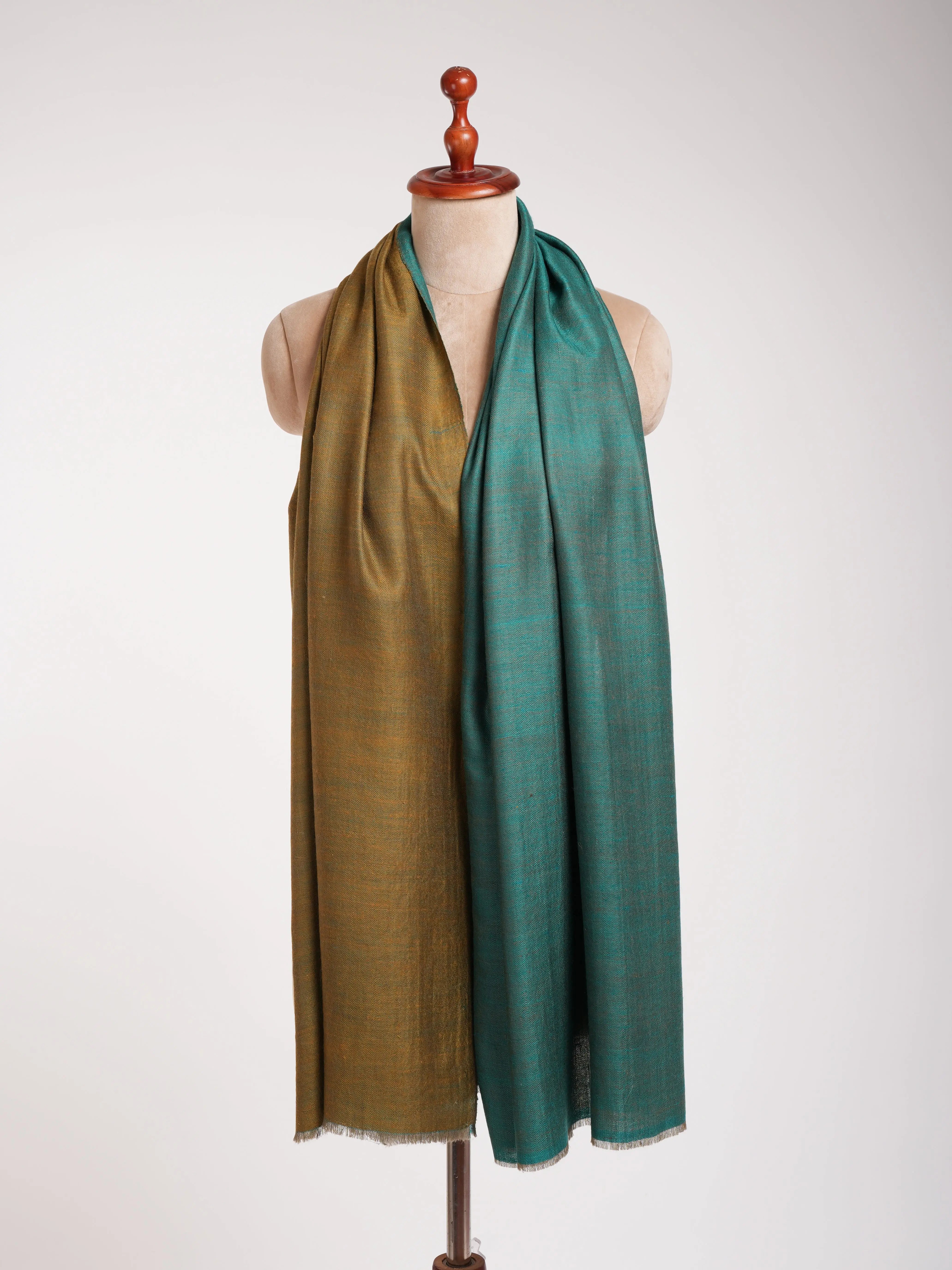 Shaded Spruce and Mustard Dorukha Cashmere Pashmina Shawl Shahkaar