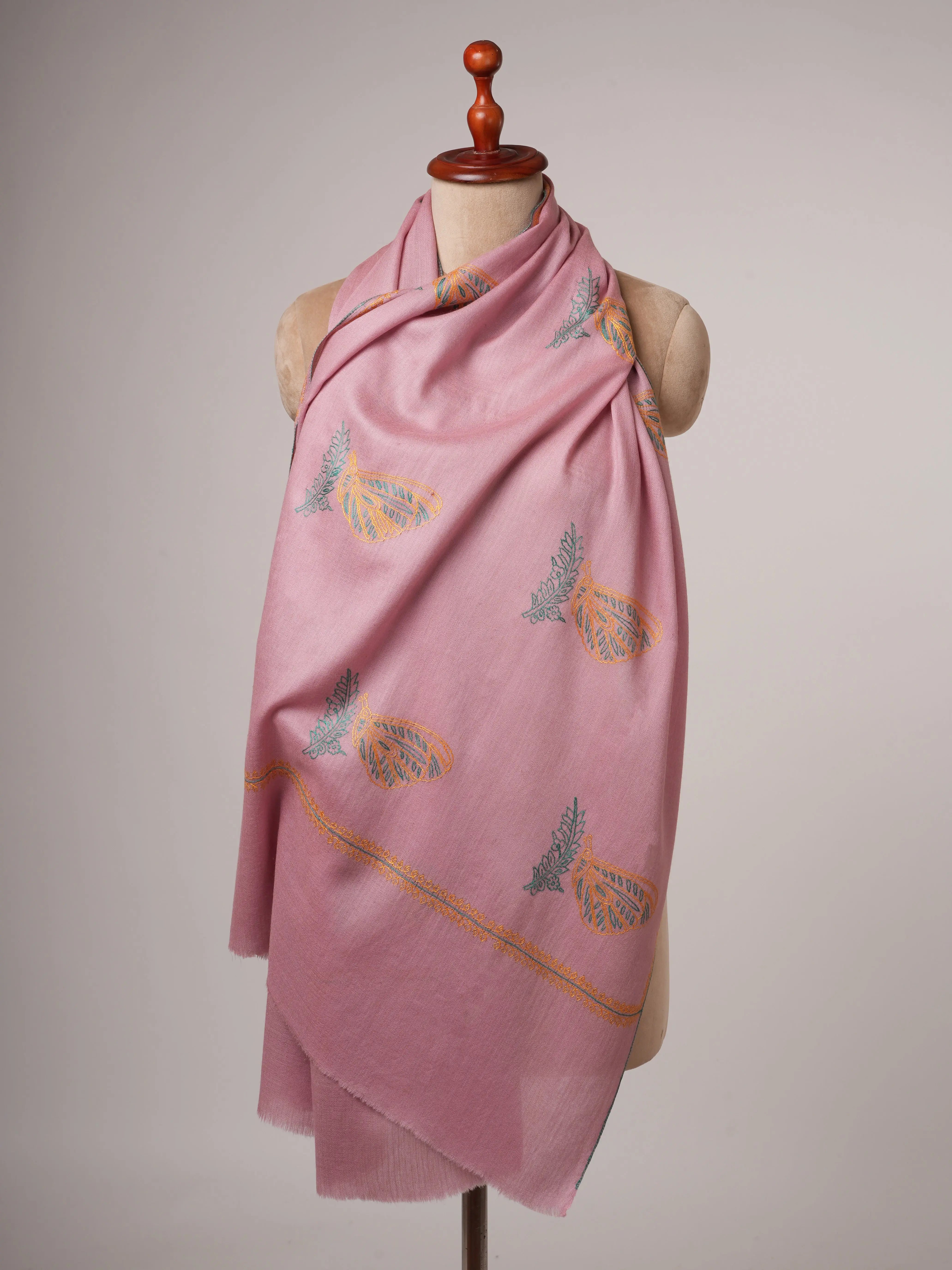 Silk Wool Blend Scarf in Baby Pink with Hand Embroidery Shahkaar