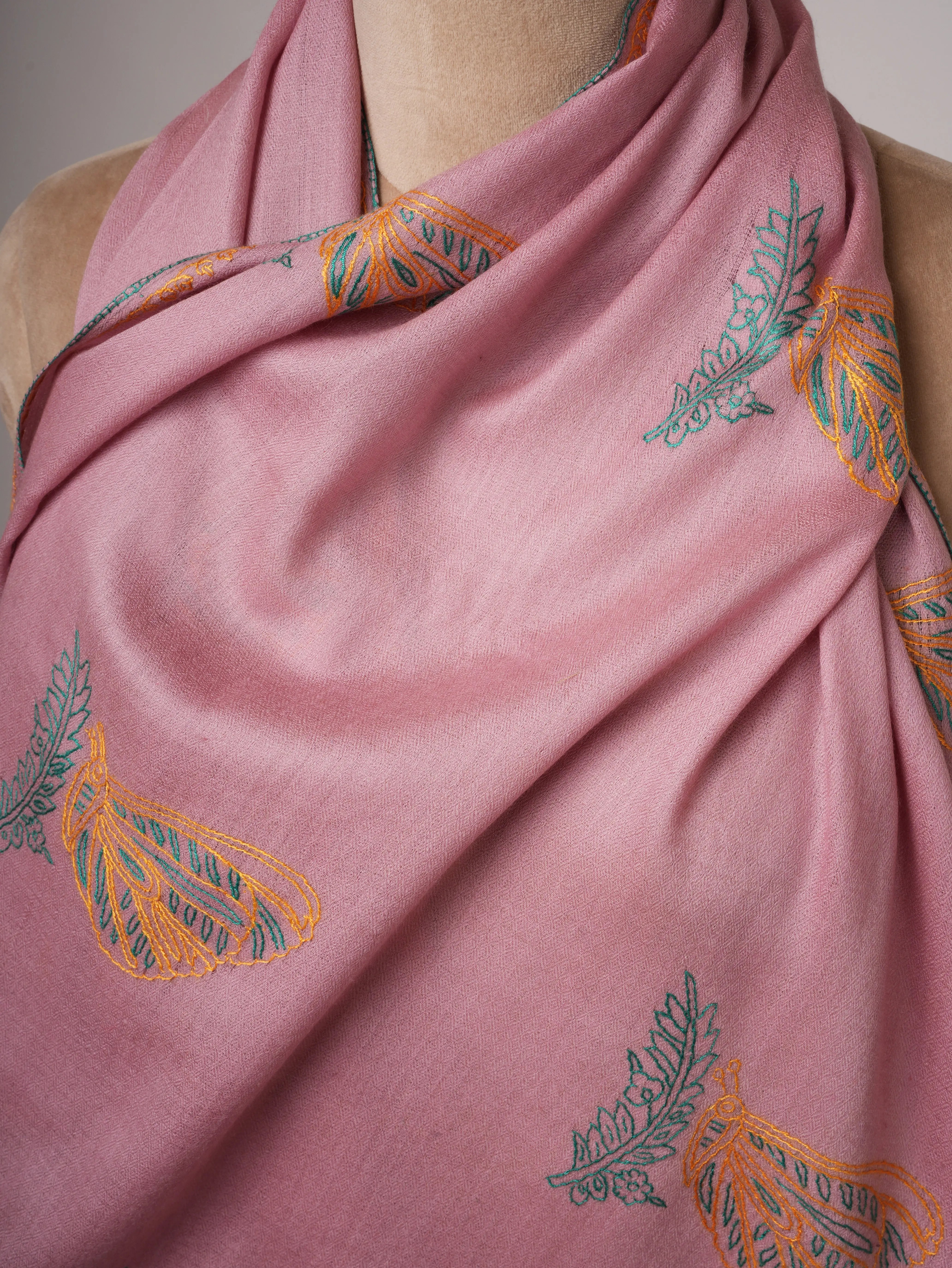 Silk Wool Blend Scarf in Baby Pink with Hand Embroidery Shahkaar