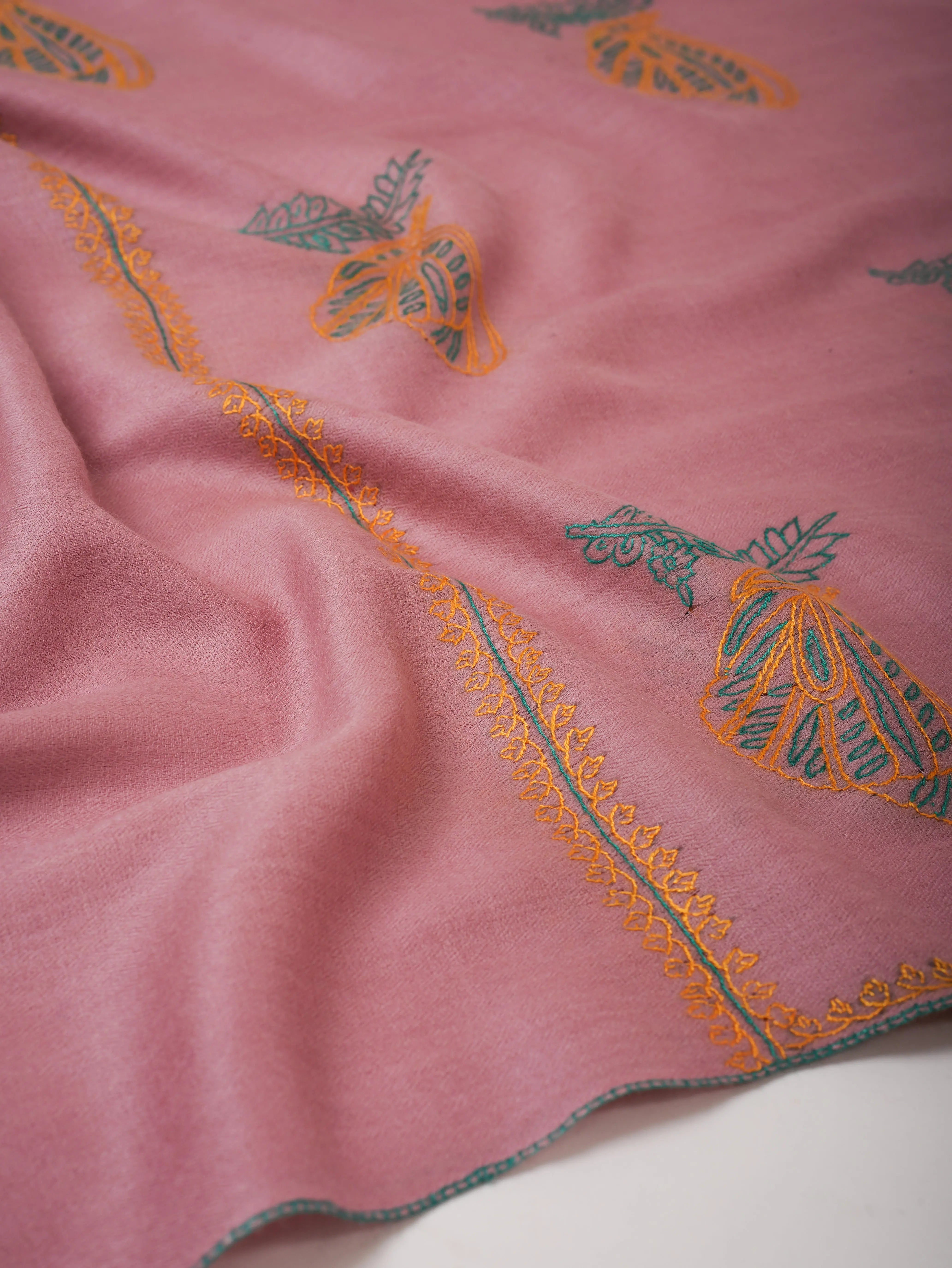 Silk Wool Blend Scarf in Baby Pink with Hand Embroidery Shahkaar