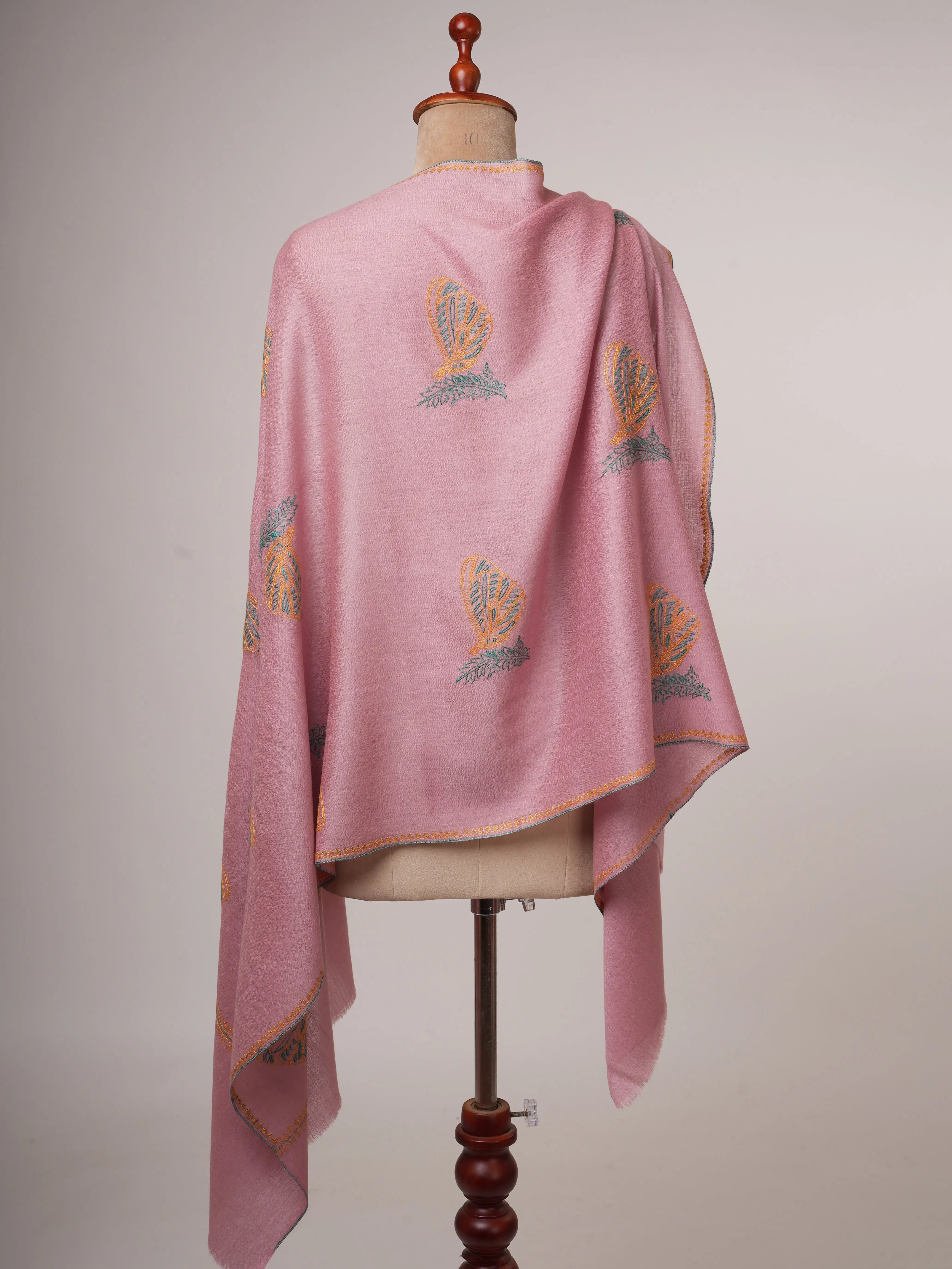 Silk Wool Blend Scarf in Baby Pink with Hand Embroidery Shahkaar