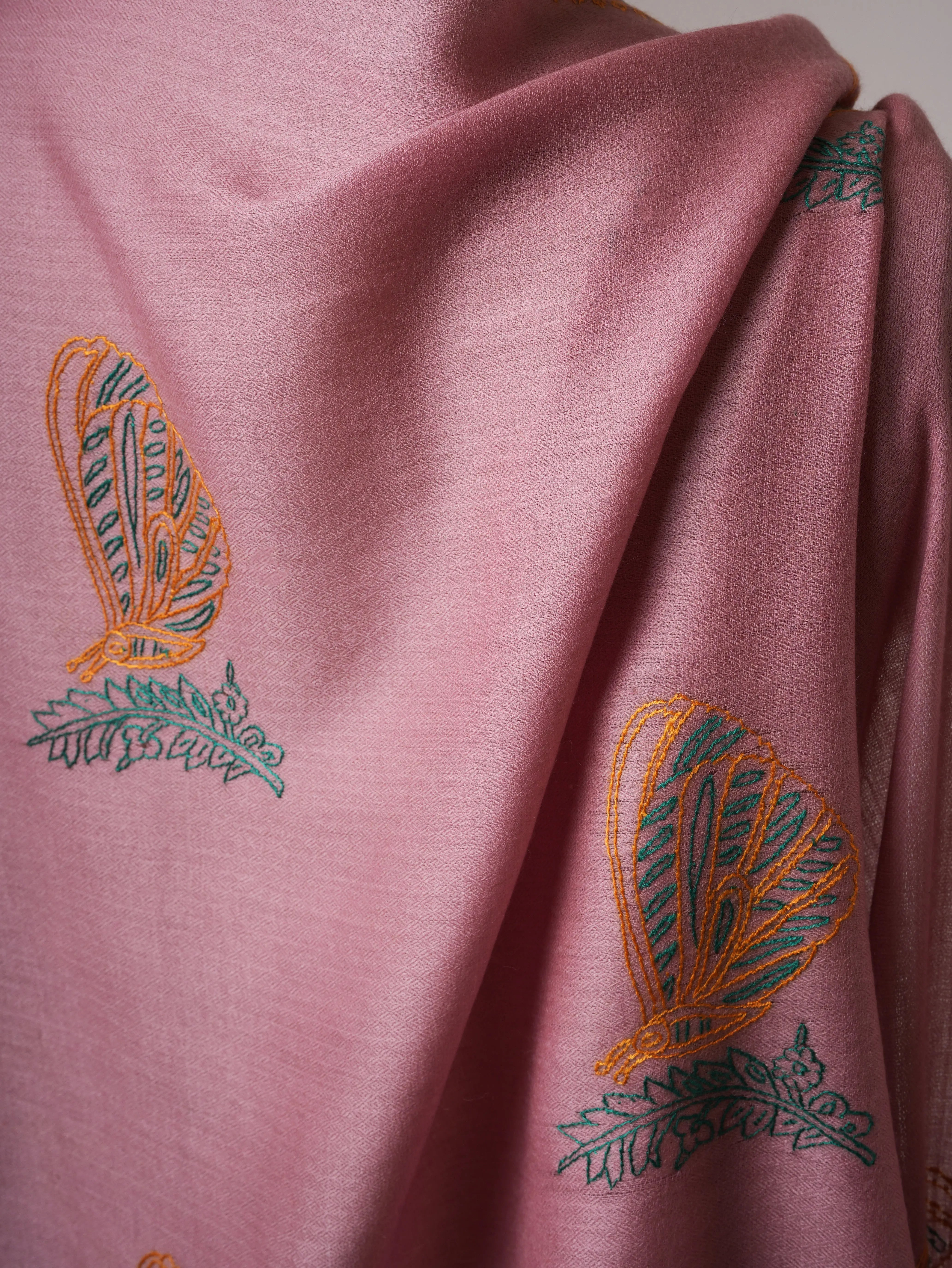 Silk Wool Blend Scarf in Baby Pink with Hand Embroidery Shahkaar