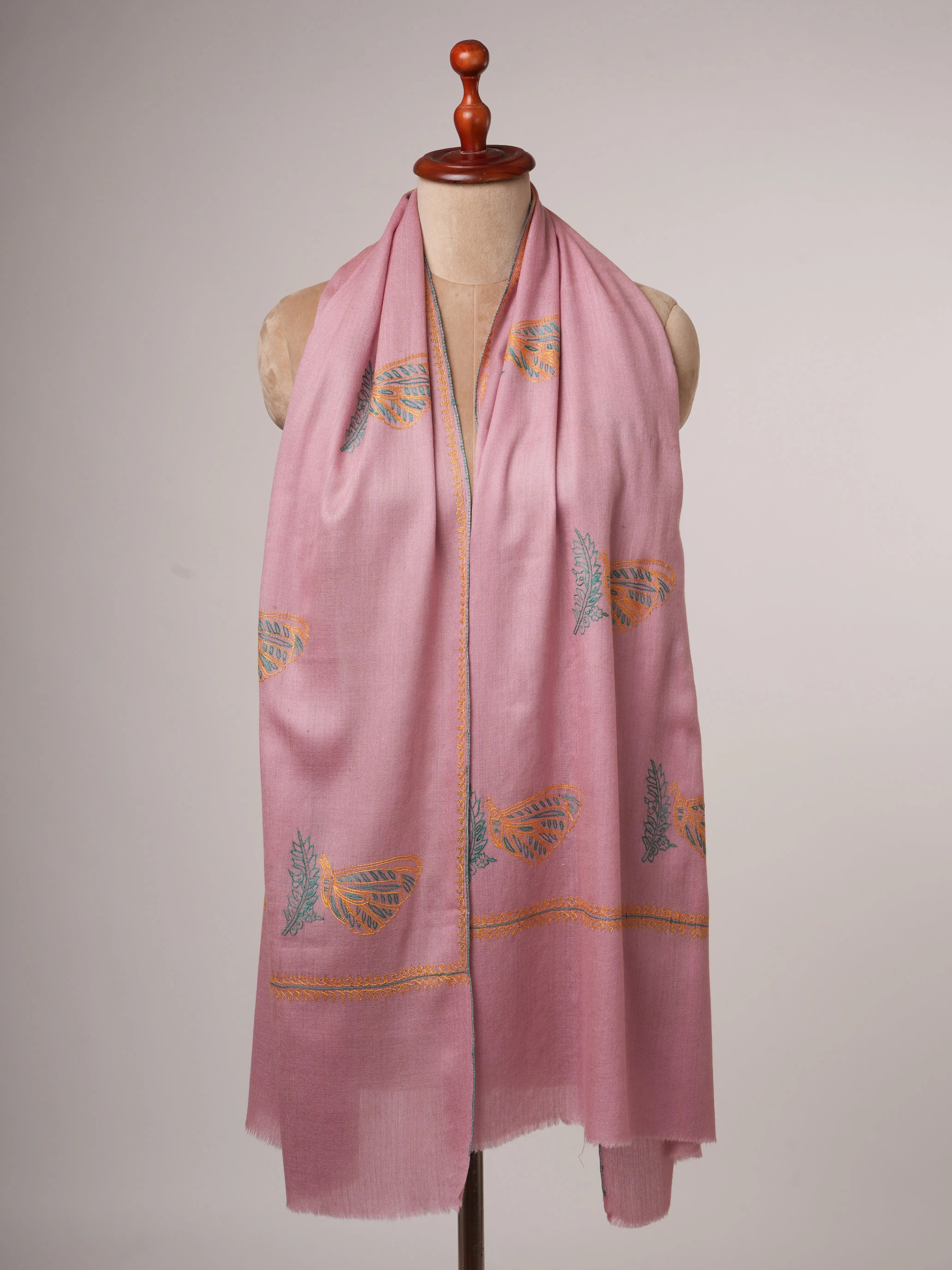 Silk Wool Blend Scarf in Baby Pink with Hand Embroidery Shahkaar