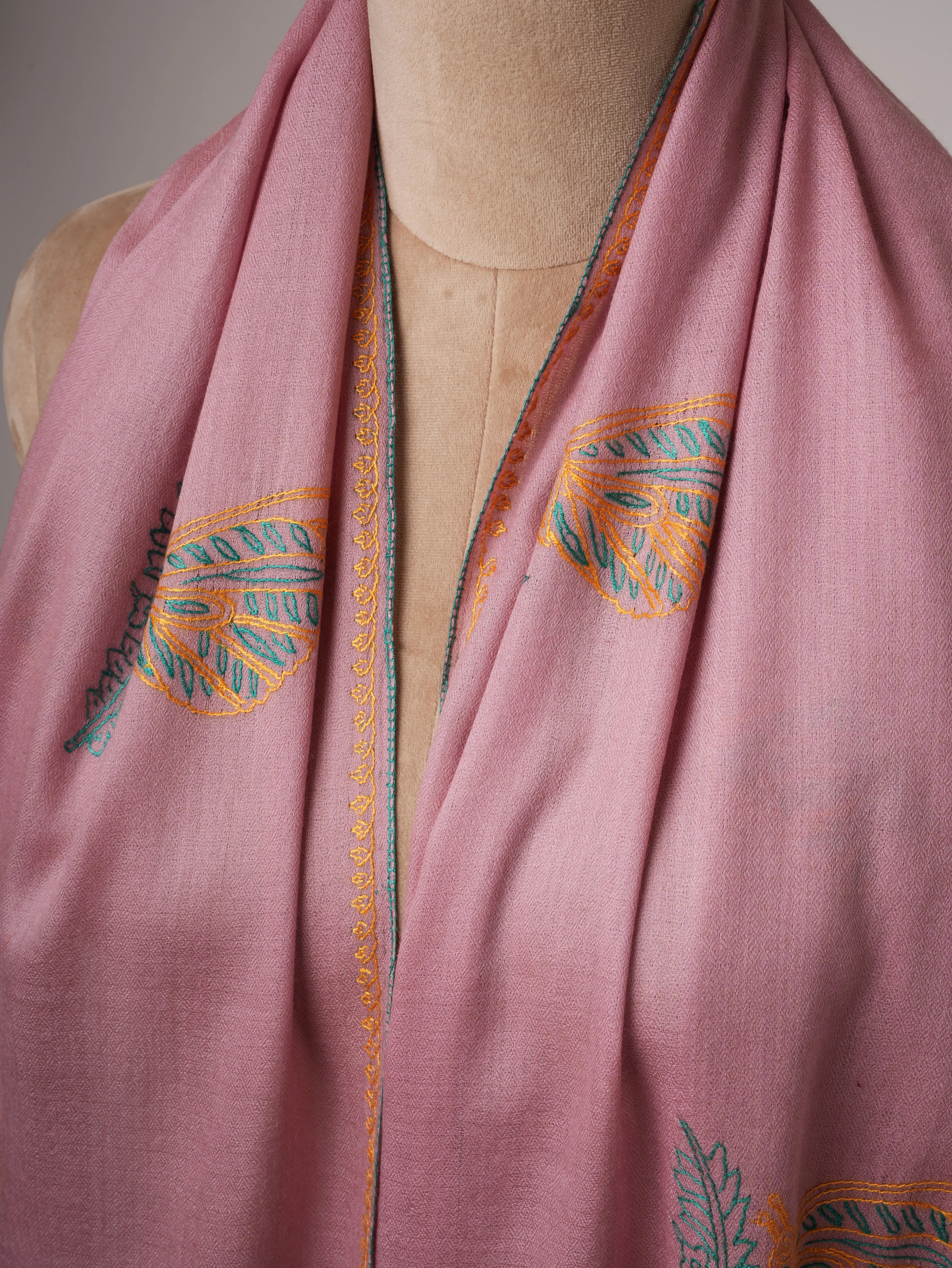 Silk Wool Blend Scarf in Baby Pink with Hand Embroidery Shahkaar