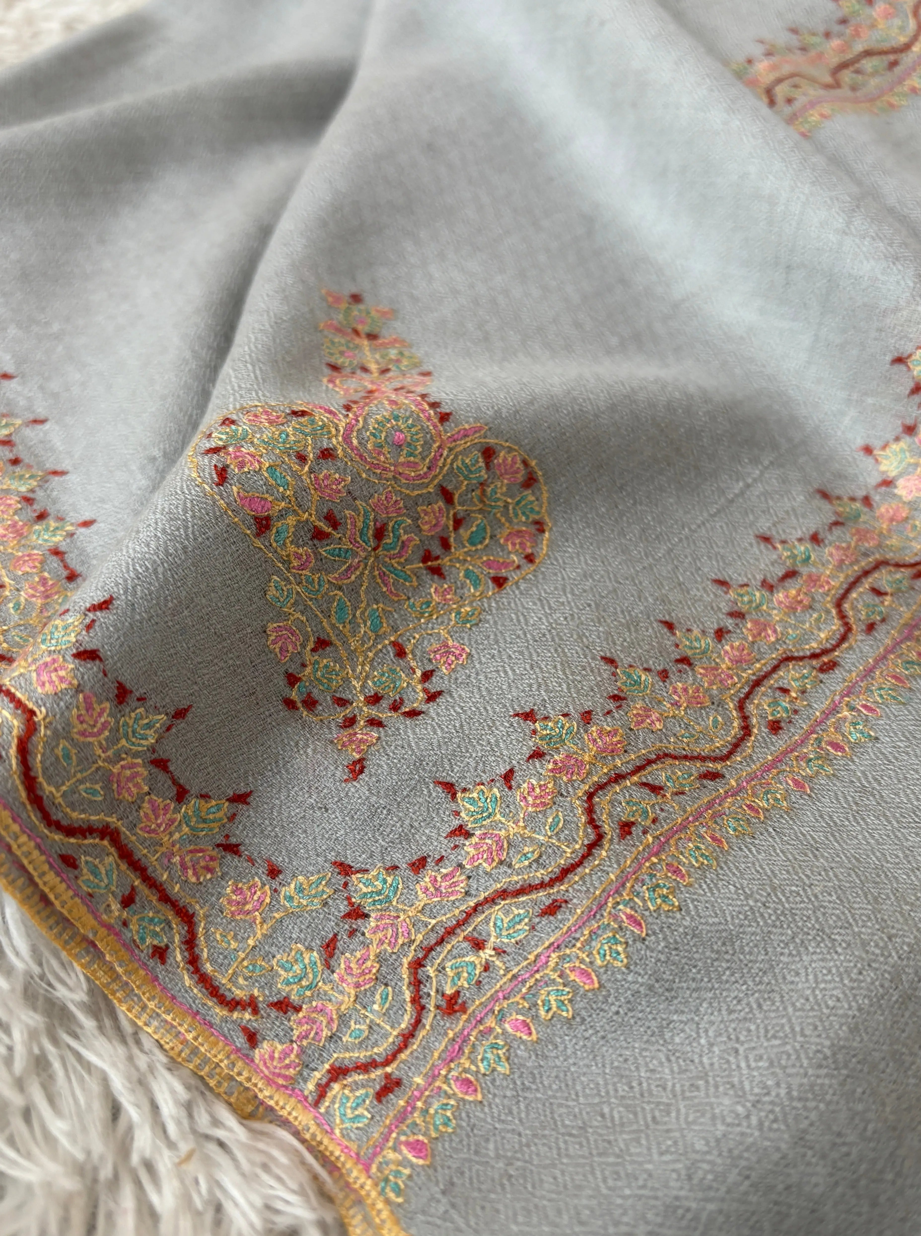 Silver Grey Handloomed Cashmere Hand Embroidered Shawl - TORREON Shahkaar