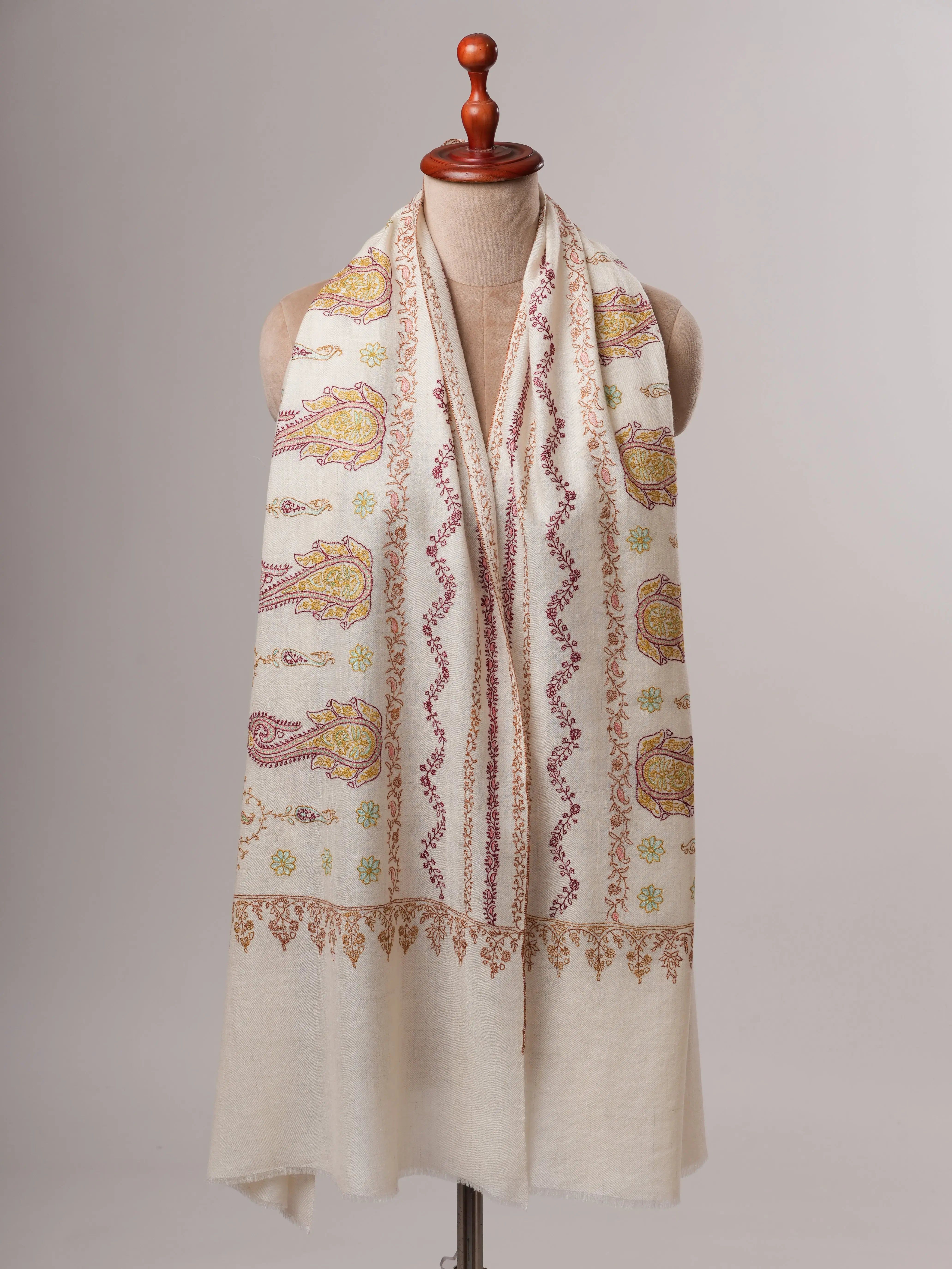 Soft Ivory Cashmere Scarf with Fine Embroidered Detailing Shahkaar