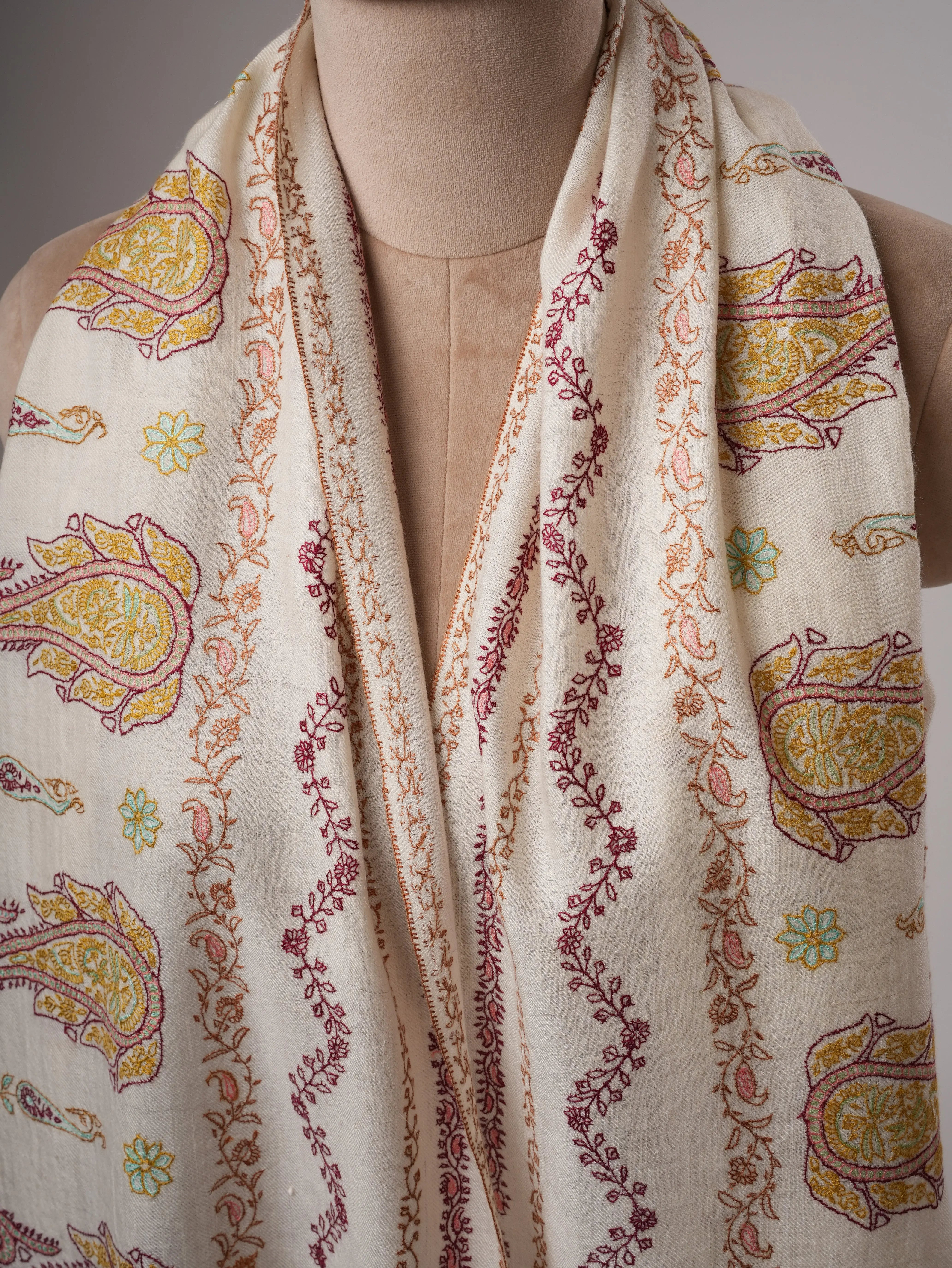 Soft Ivory Cashmere Scarf with Fine Embroidered Detailing Shahkaar