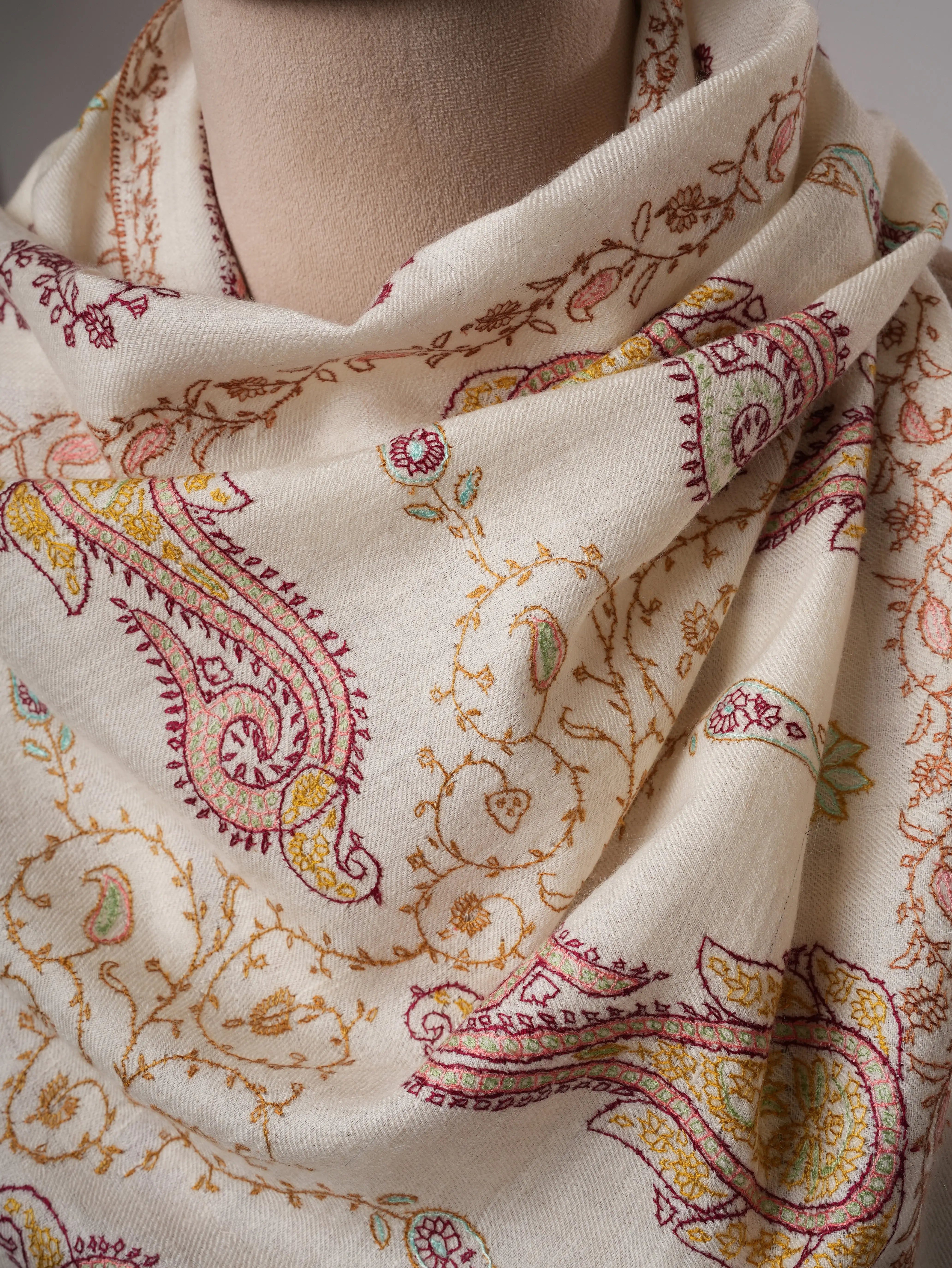 Soft Ivory Cashmere Scarf with Fine Embroidered Detailing Shahkaar