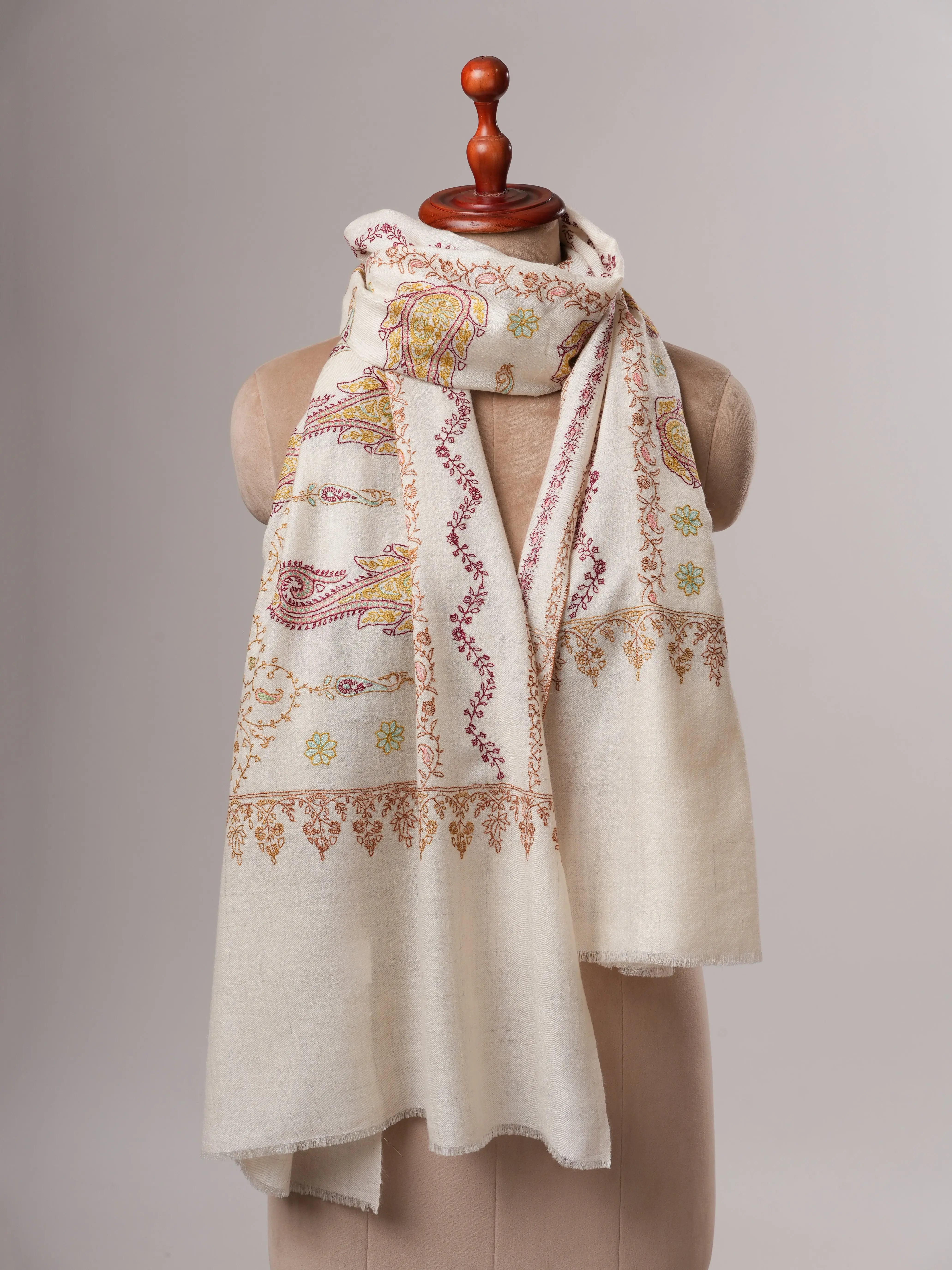 Soft Ivory Cashmere Scarf with Fine Embroidered Detailing Shahkaar