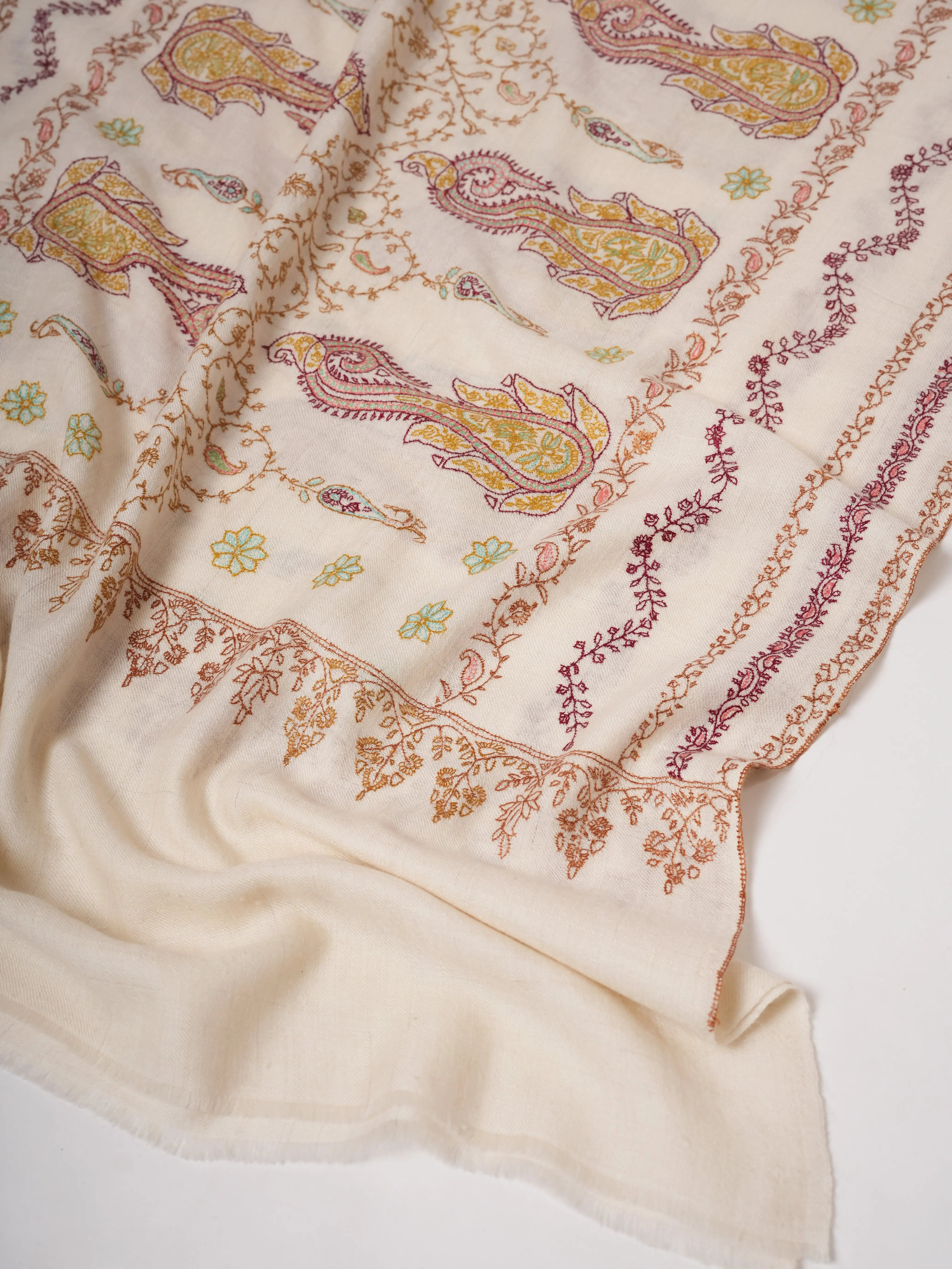 Soft Ivory Cashmere Scarf with Fine Embroidered Detailing Shahkaar