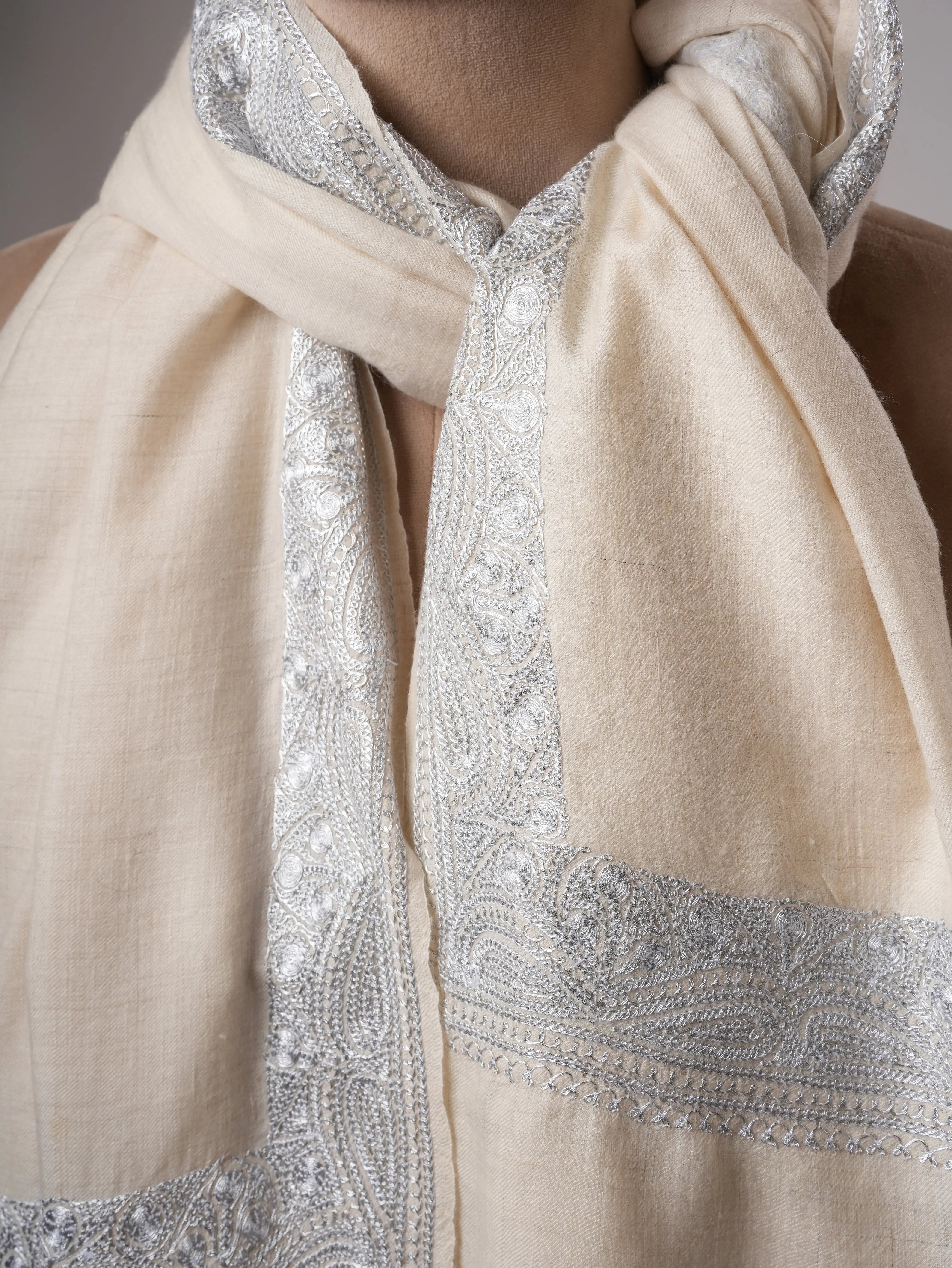 Soft Ivory Kashmiri Pashmina with Classic Silver Daurdaar Tilla Work Shahkaar