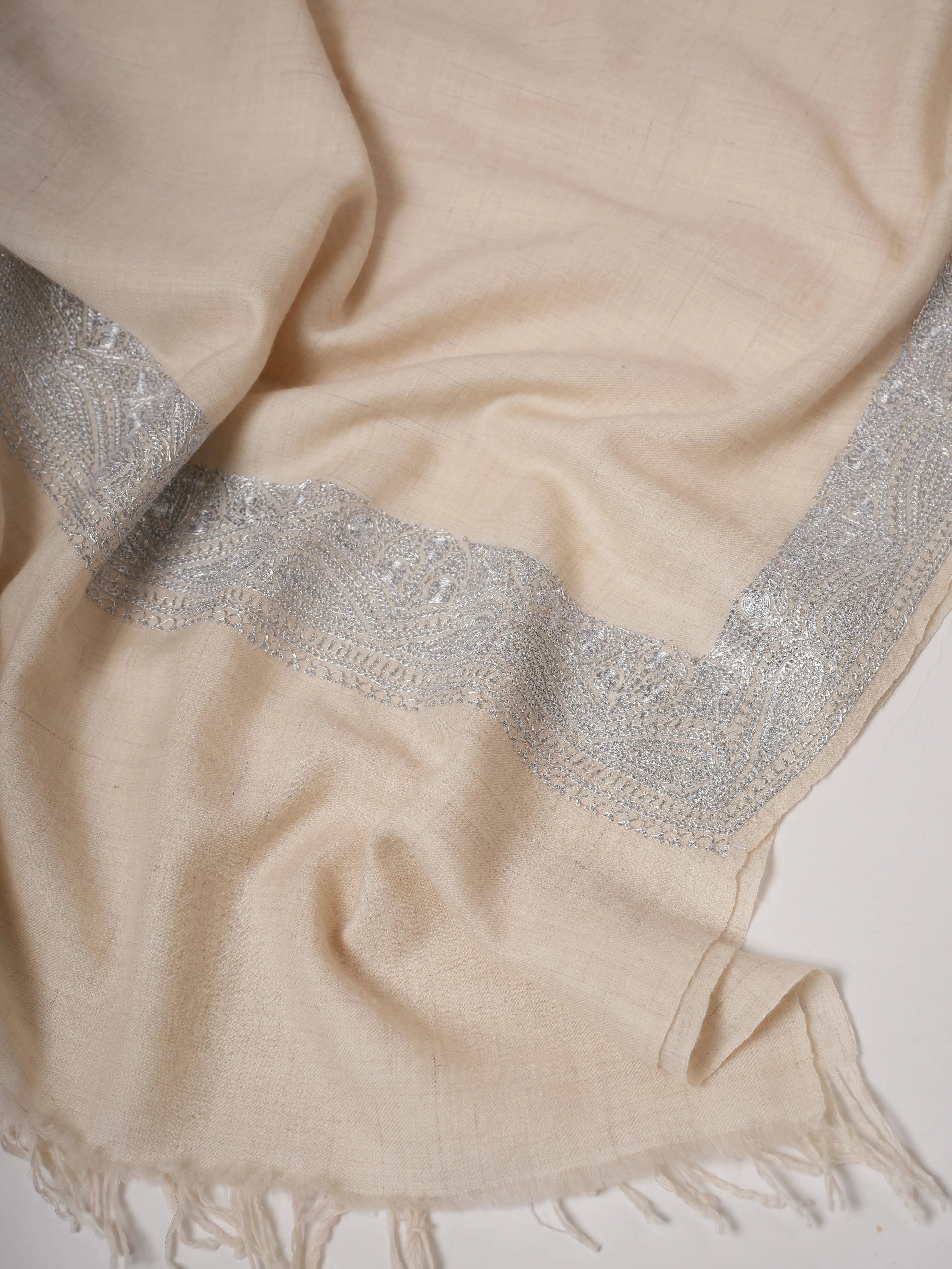 Soft Ivory Kashmiri Pashmina with Classic Silver Daurdaar Tilla Work Shahkaar