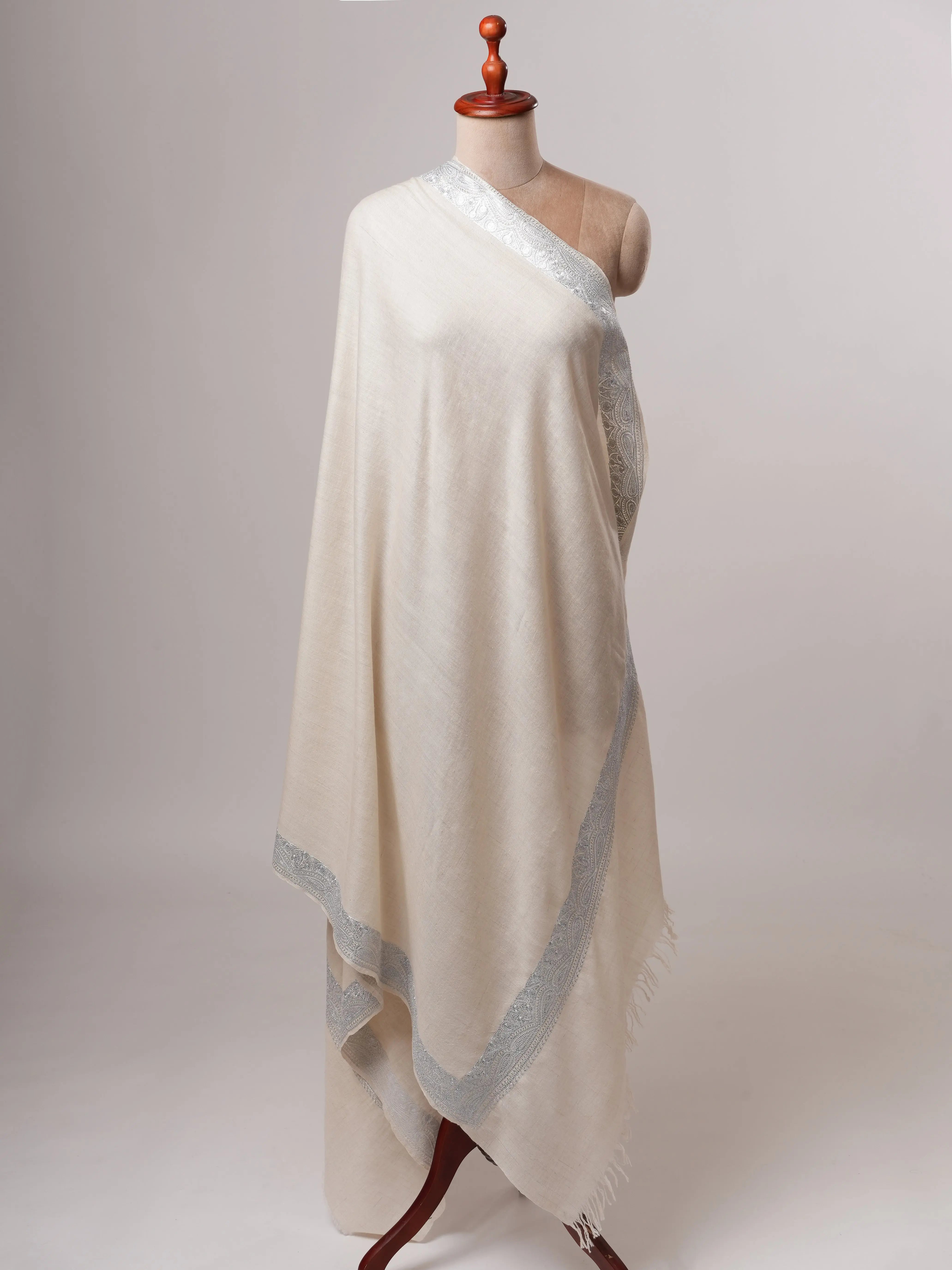 Soft Ivory Kashmiri Pashmina with Classic Silver Daurdaar Tilla Work Shahkaar