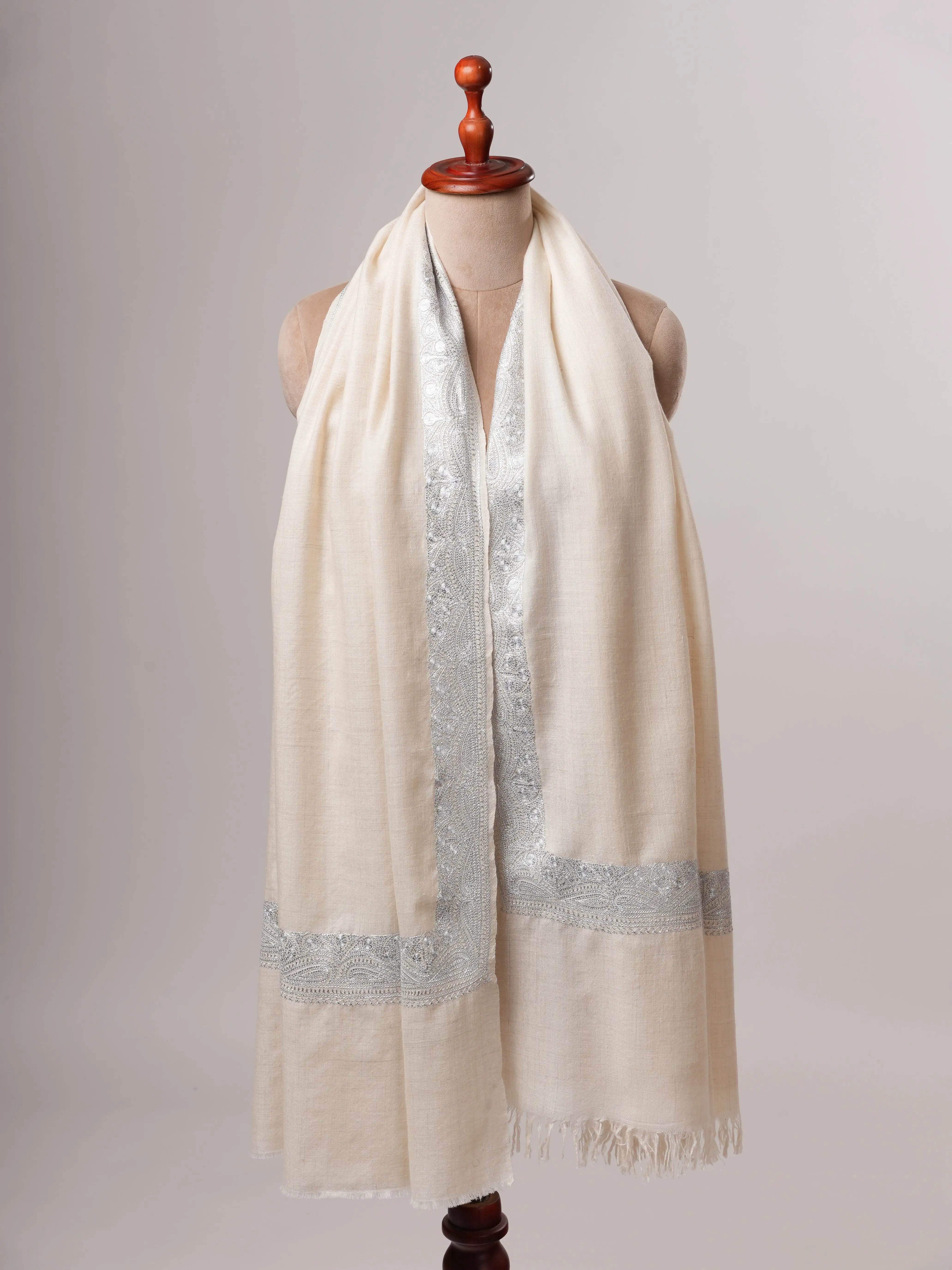 Soft Ivory Kashmiri Pashmina with Classic Silver Daurdaar Tilla Work Shahkaar