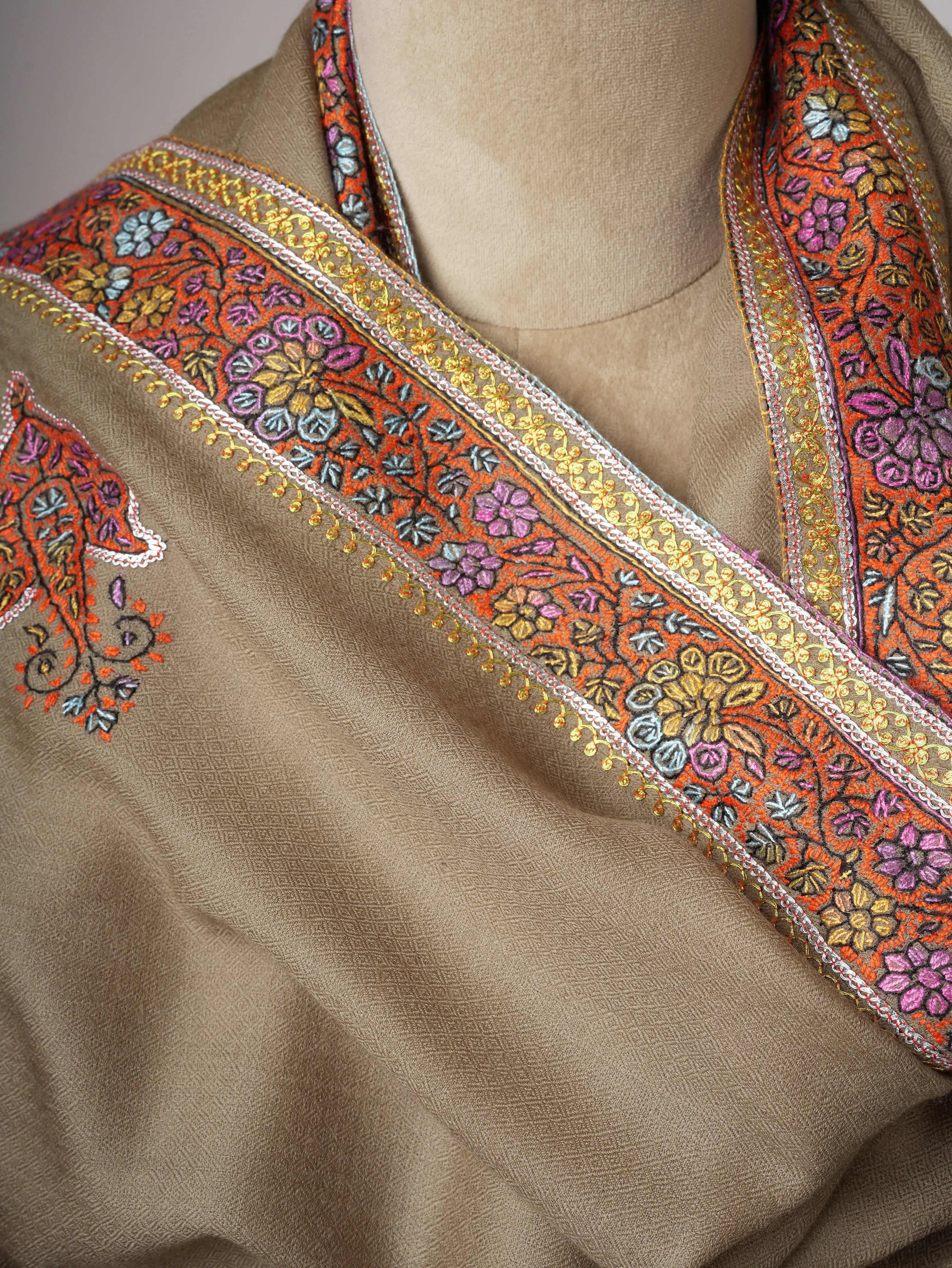 Soft Silk Wool Shawl with Tilla Hand Embroidery Shahkaar