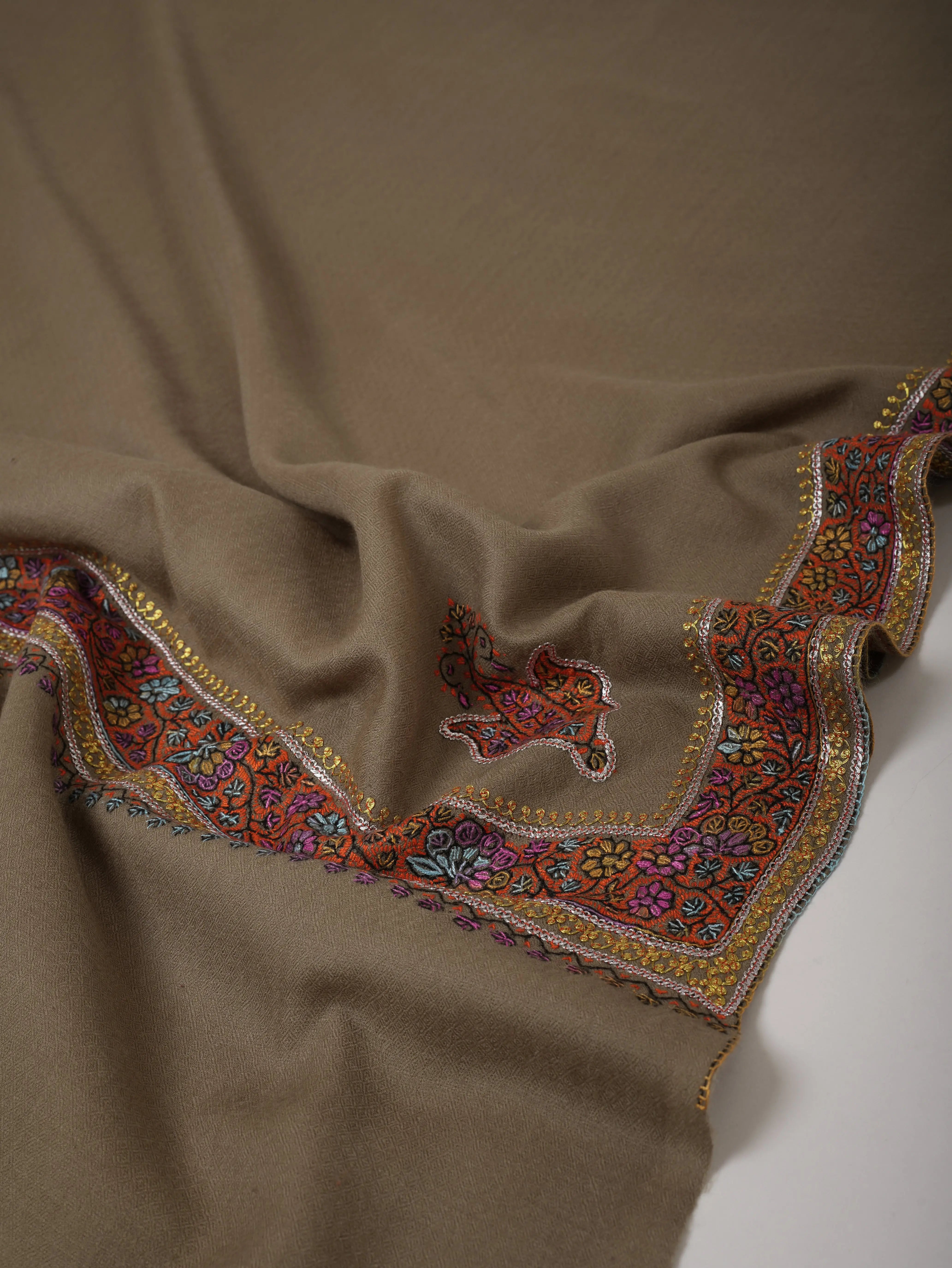 Soft Silk Wool Shawl with Tilla Hand Embroidery Shahkaar