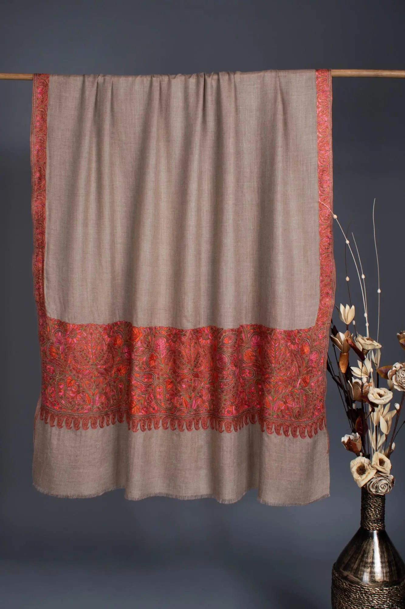 Soft and Lightweight Grey Pashmina with Hand Embroidery - JHALAWAR Shahkaar
