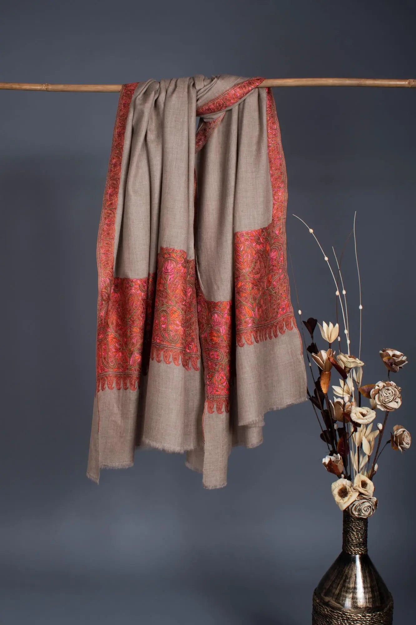 Soft and Lightweight Grey Pashmina with Hand Embroidery - JHALAWAR Shahkaar