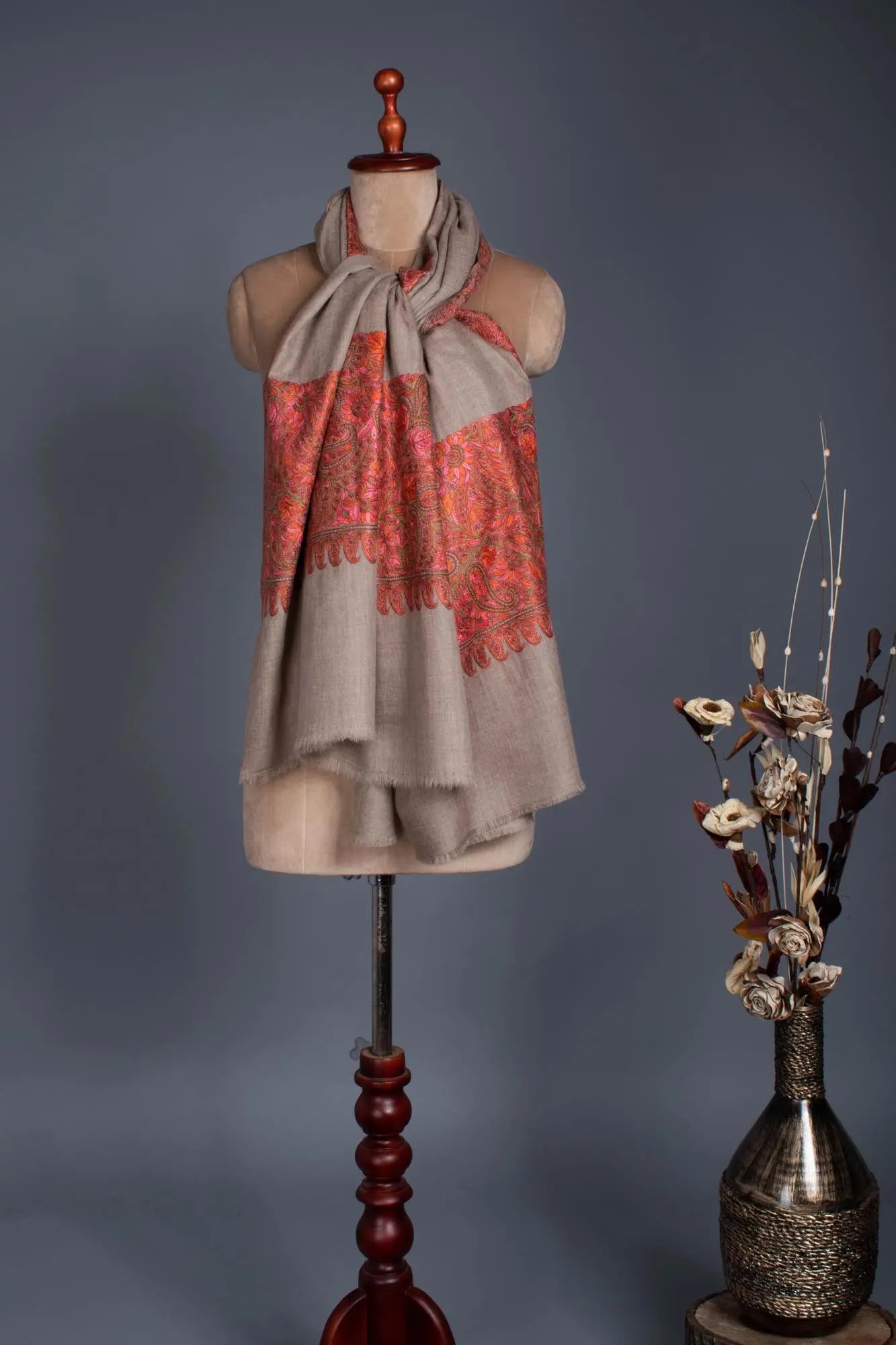 Soft and Lightweight Grey Pashmina with Hand Embroidery - JHALAWAR Shahkaar