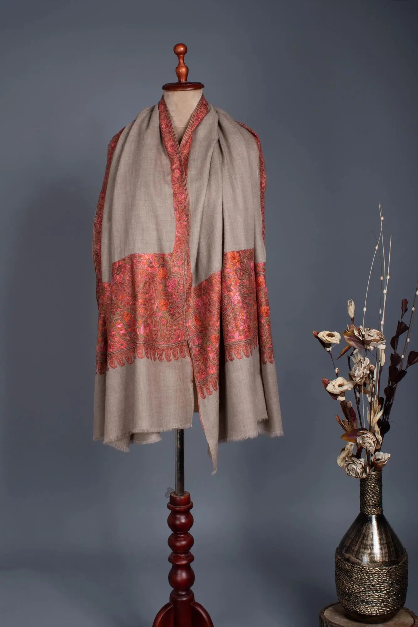 Soft and Lightweight Grey Pashmina with Hand Embroidery - JHALAWAR Shahkaar