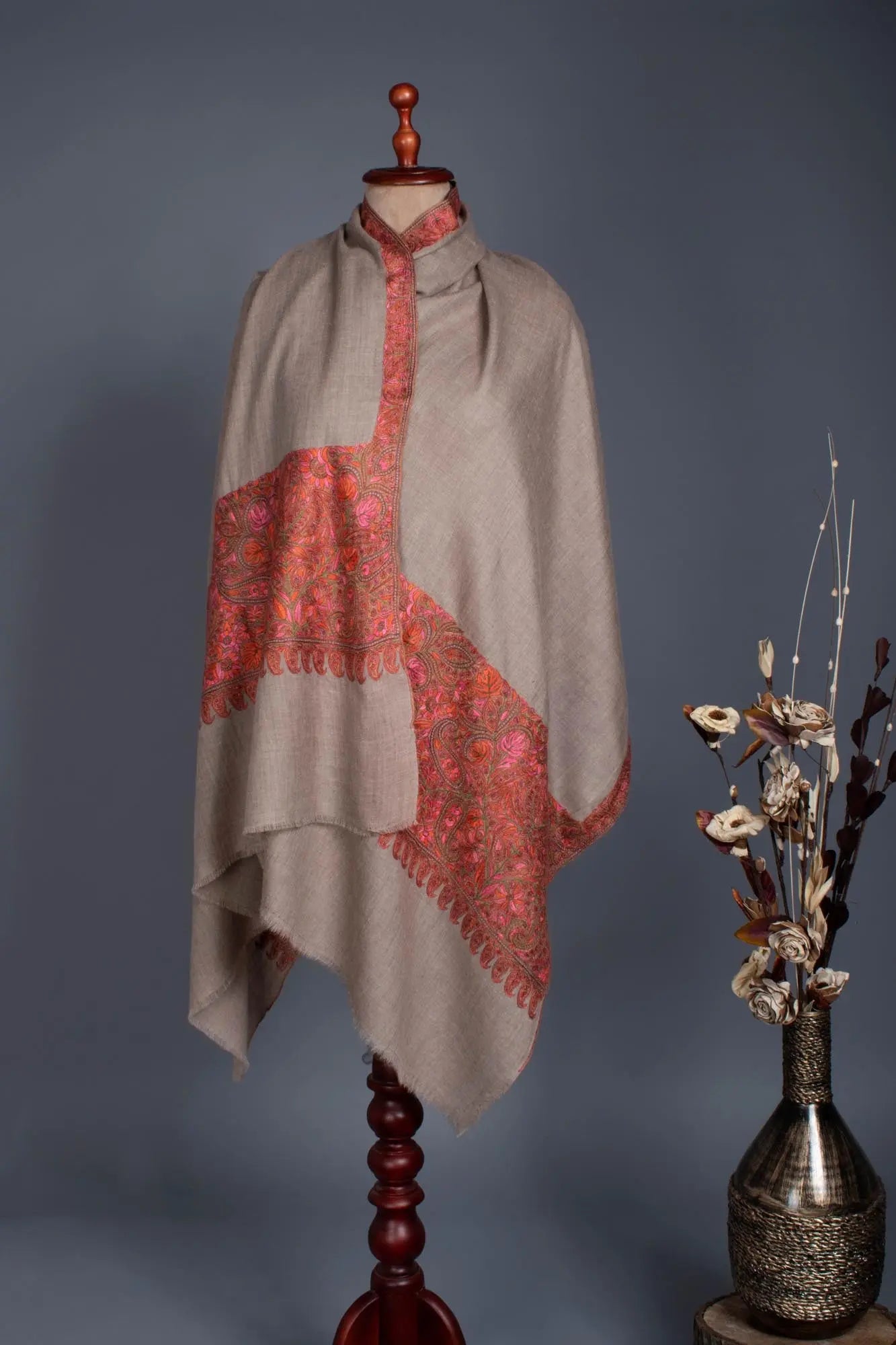 Soft and Lightweight Grey Pashmina with Hand Embroidery - JHALAWAR Shahkaar