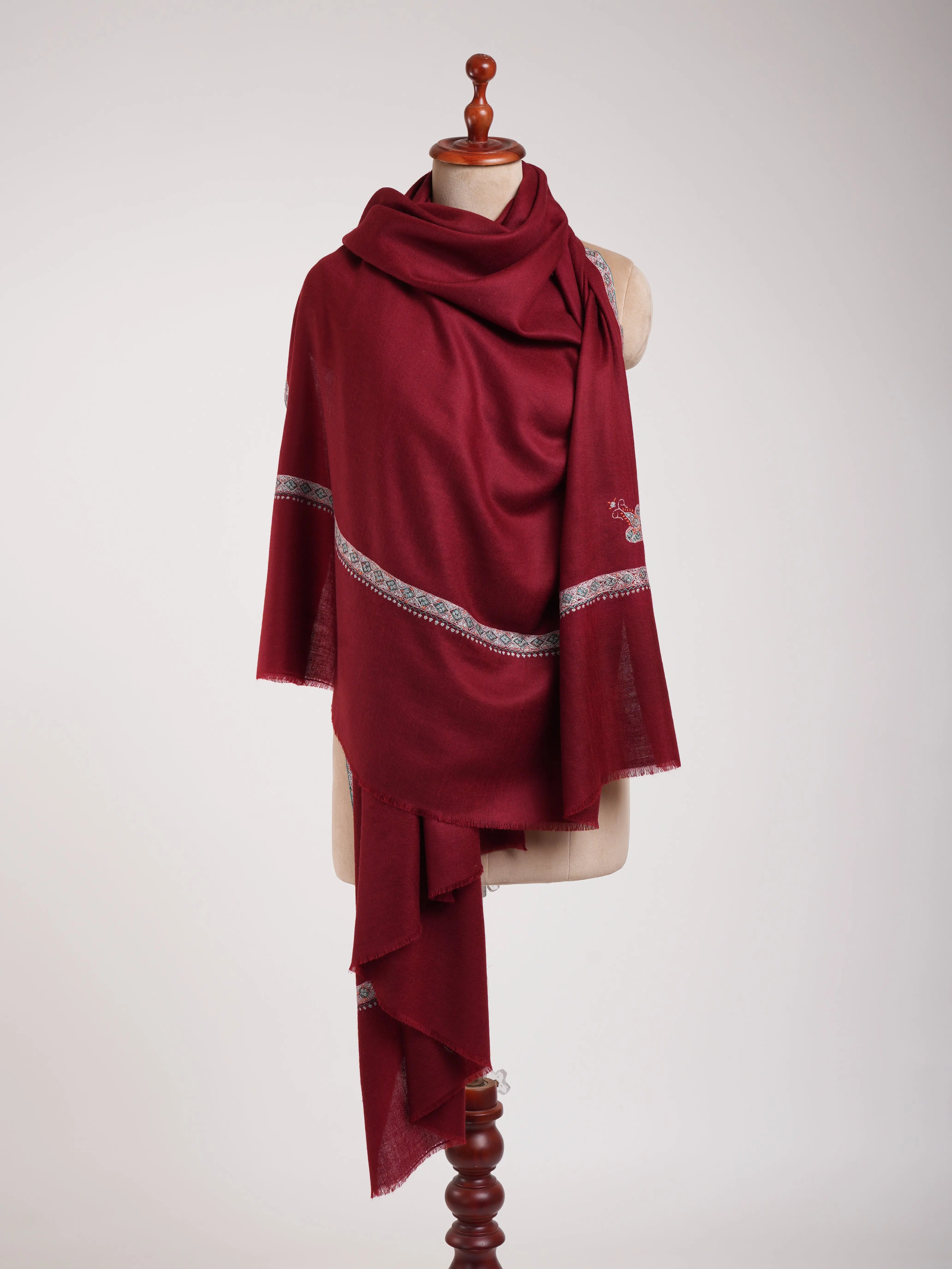 Sozni Embroidered Handmade Classic Maroon Pashmina Shawl Shahkaar