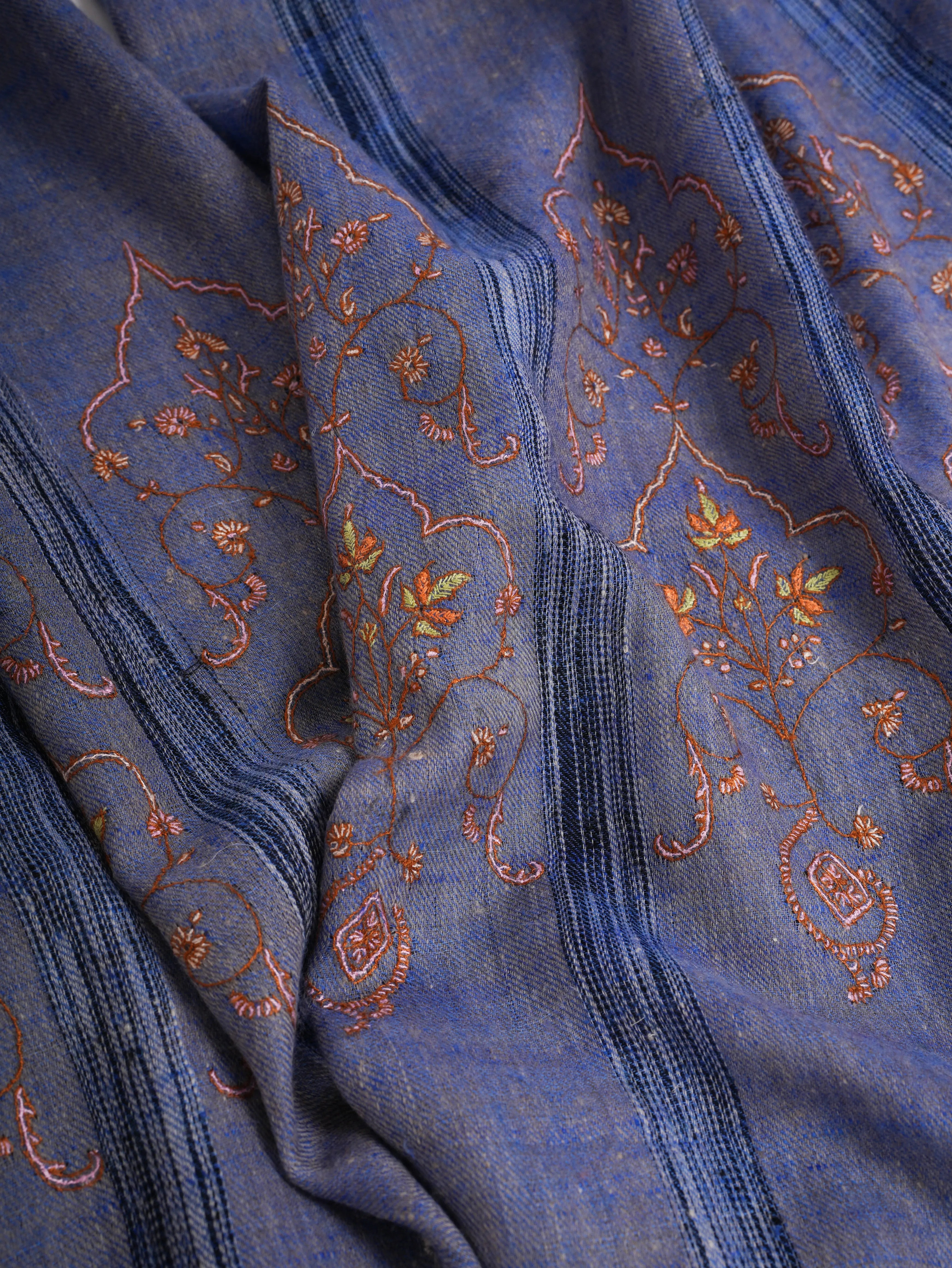 Sozni Embroidered Marina Blue Indian Cashmere Scarf Shahkaar