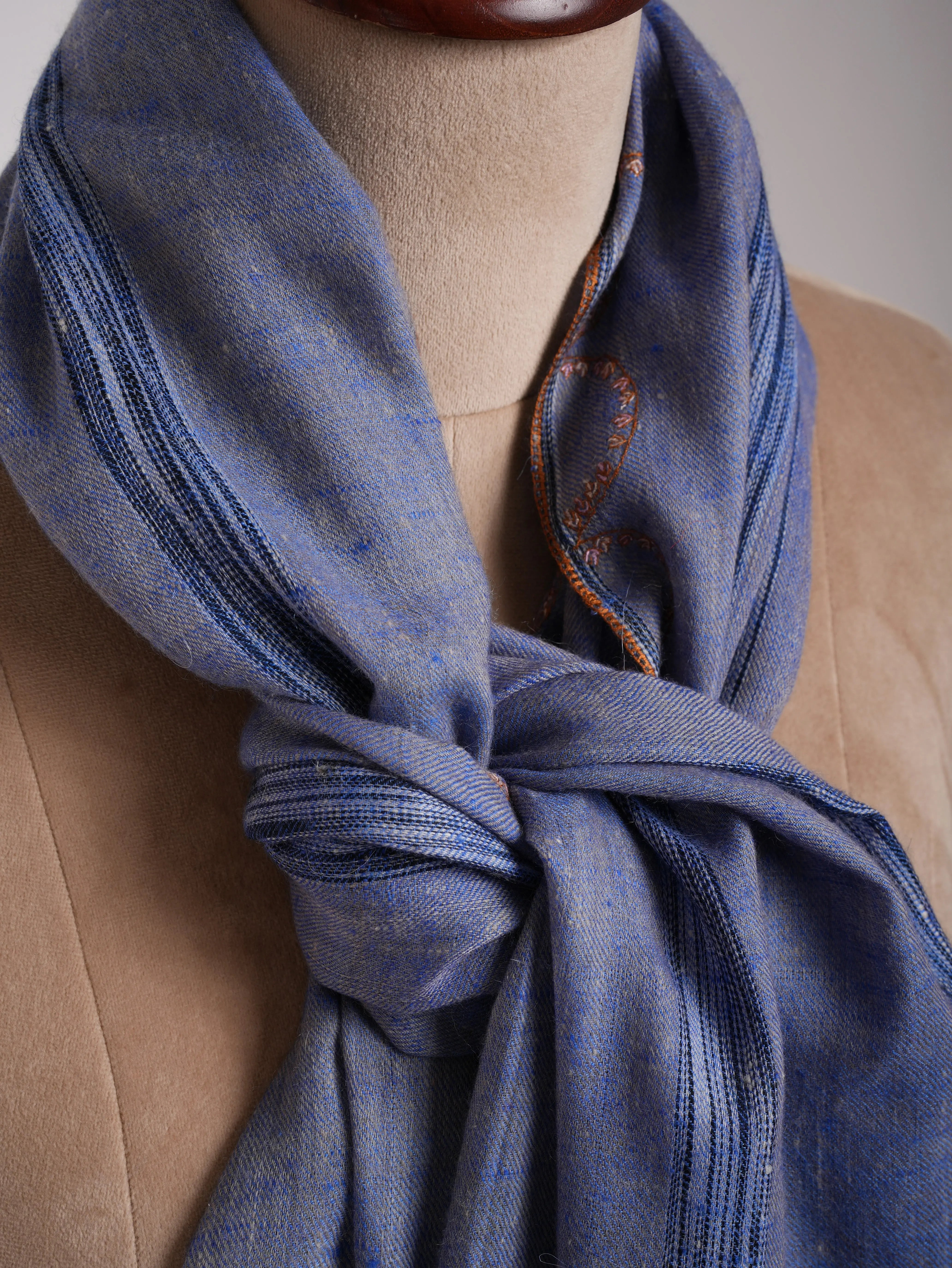 Sozni Embroidered Marina Blue Indian Cashmere Scarf Shahkaar