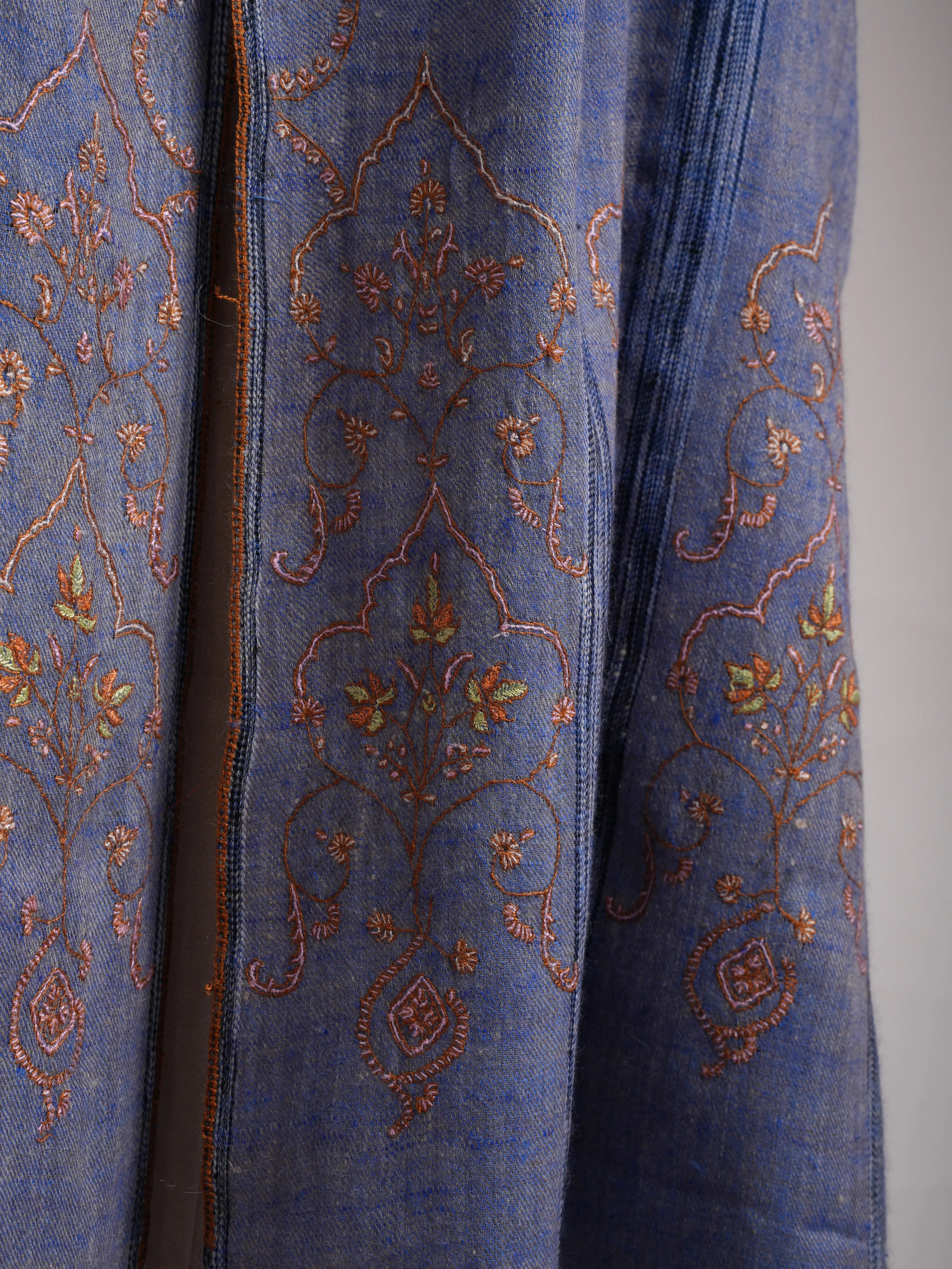 Sozni Embroidered Marina Blue Indian Cashmere Scarf Shahkaar