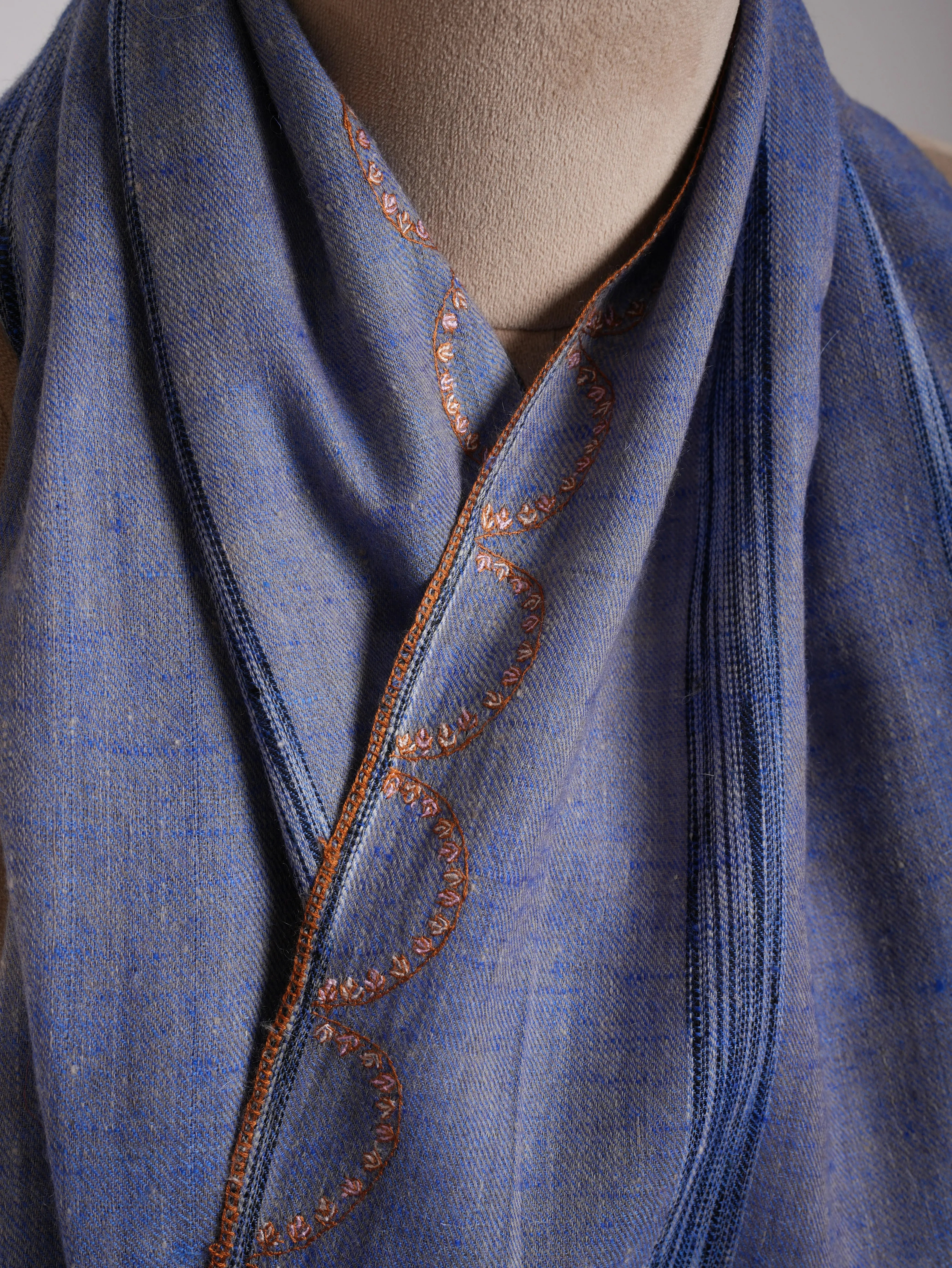 Sozni Embroidered Marina Blue Indian Cashmere Scarf Shahkaar
