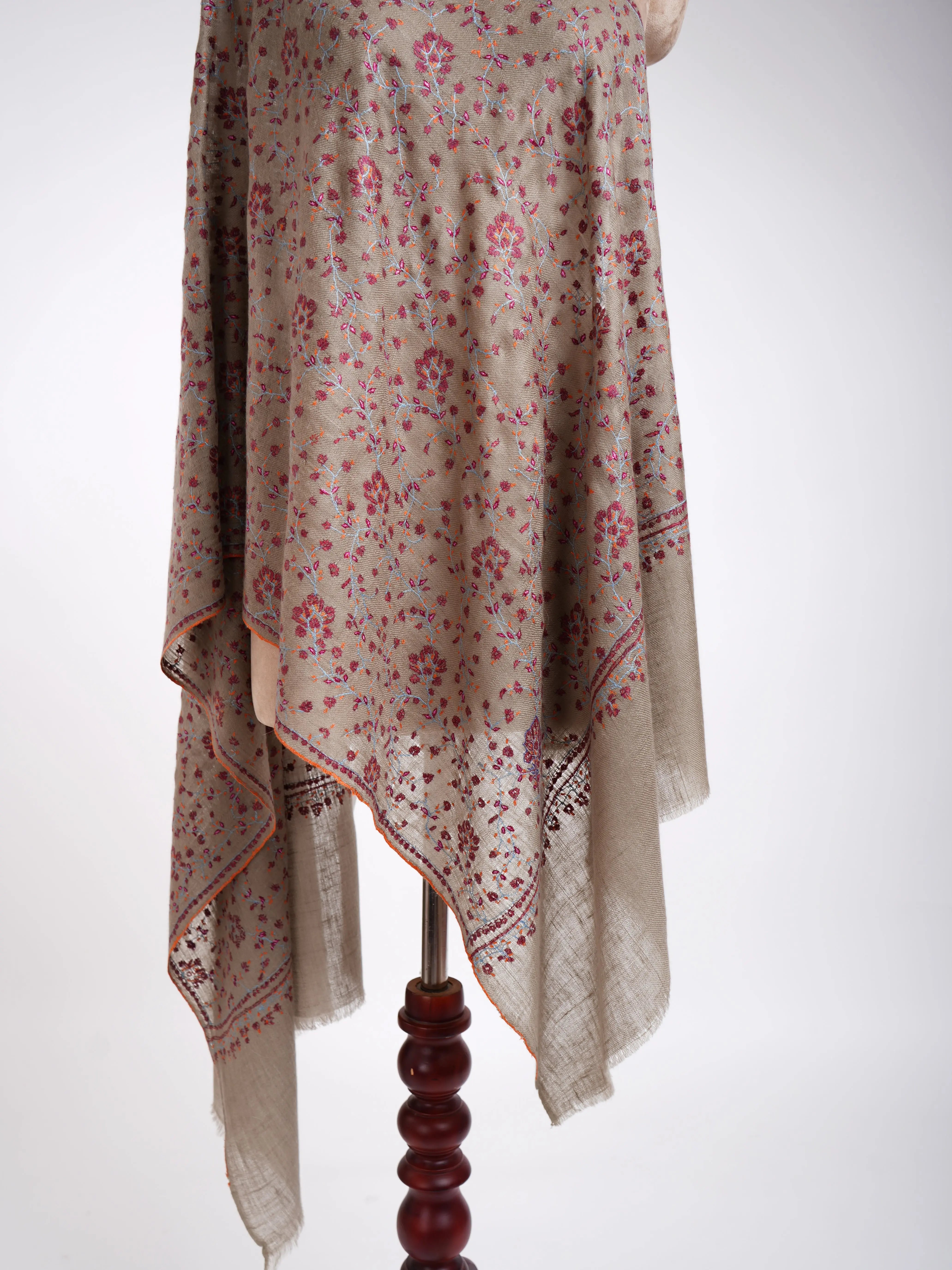 Sozni Embroidery Indian Cashmere Stole Smoke Shahkaar