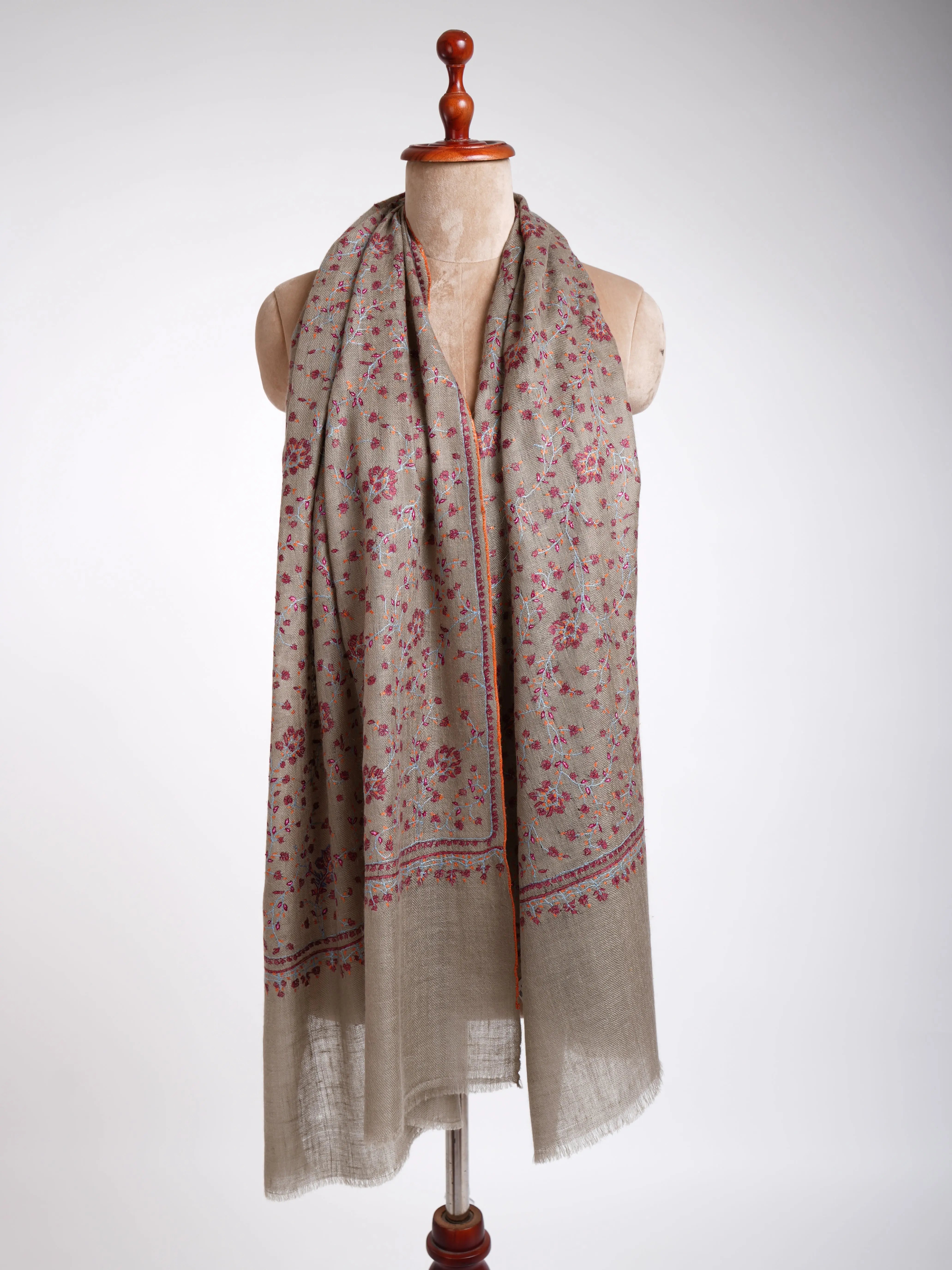 Sozni Embroidery Indian Cashmere Stole Smoke Shahkaar