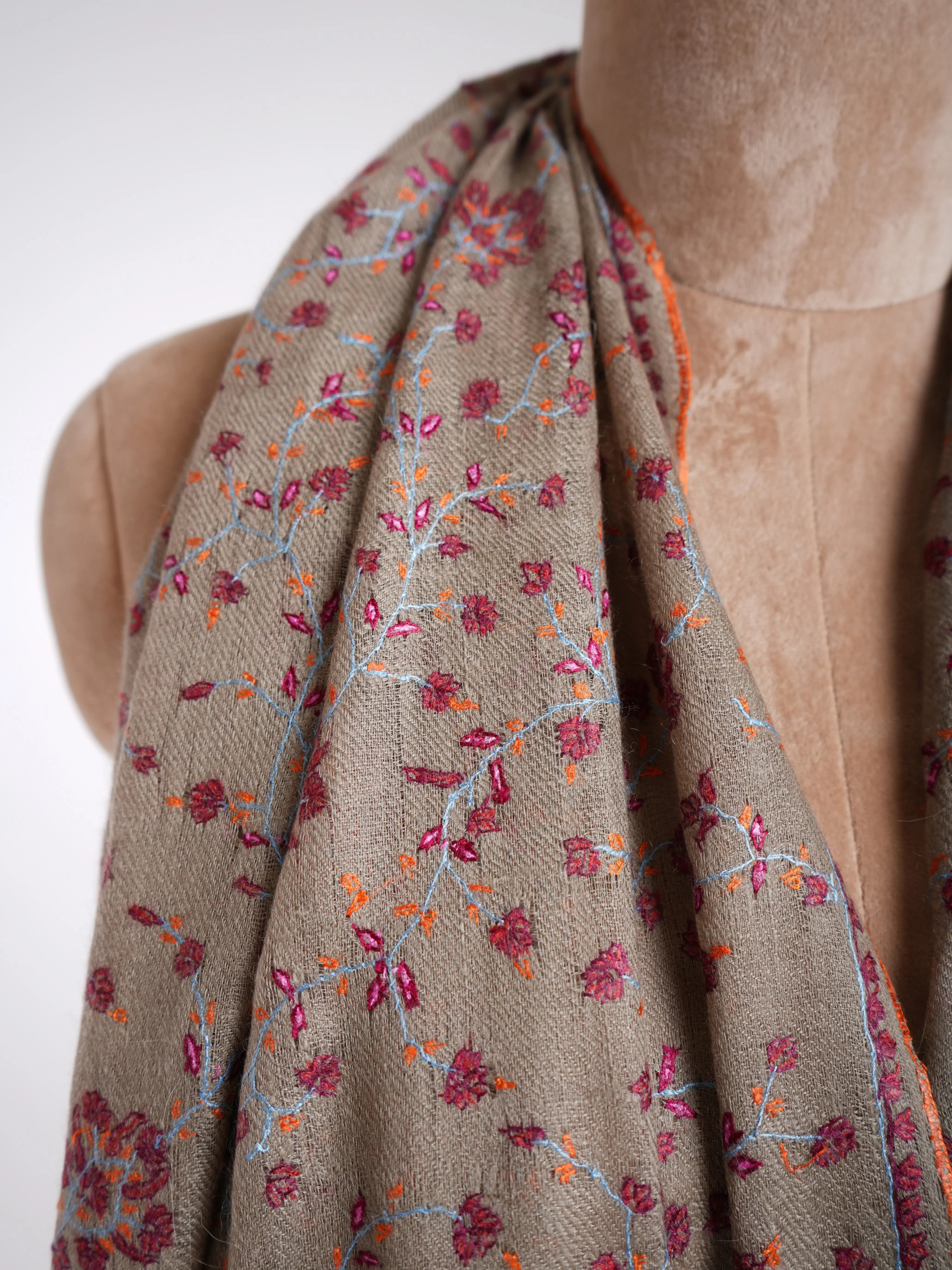 Sozni Embroidery Indian Cashmere Stole Smoke Shahkaar