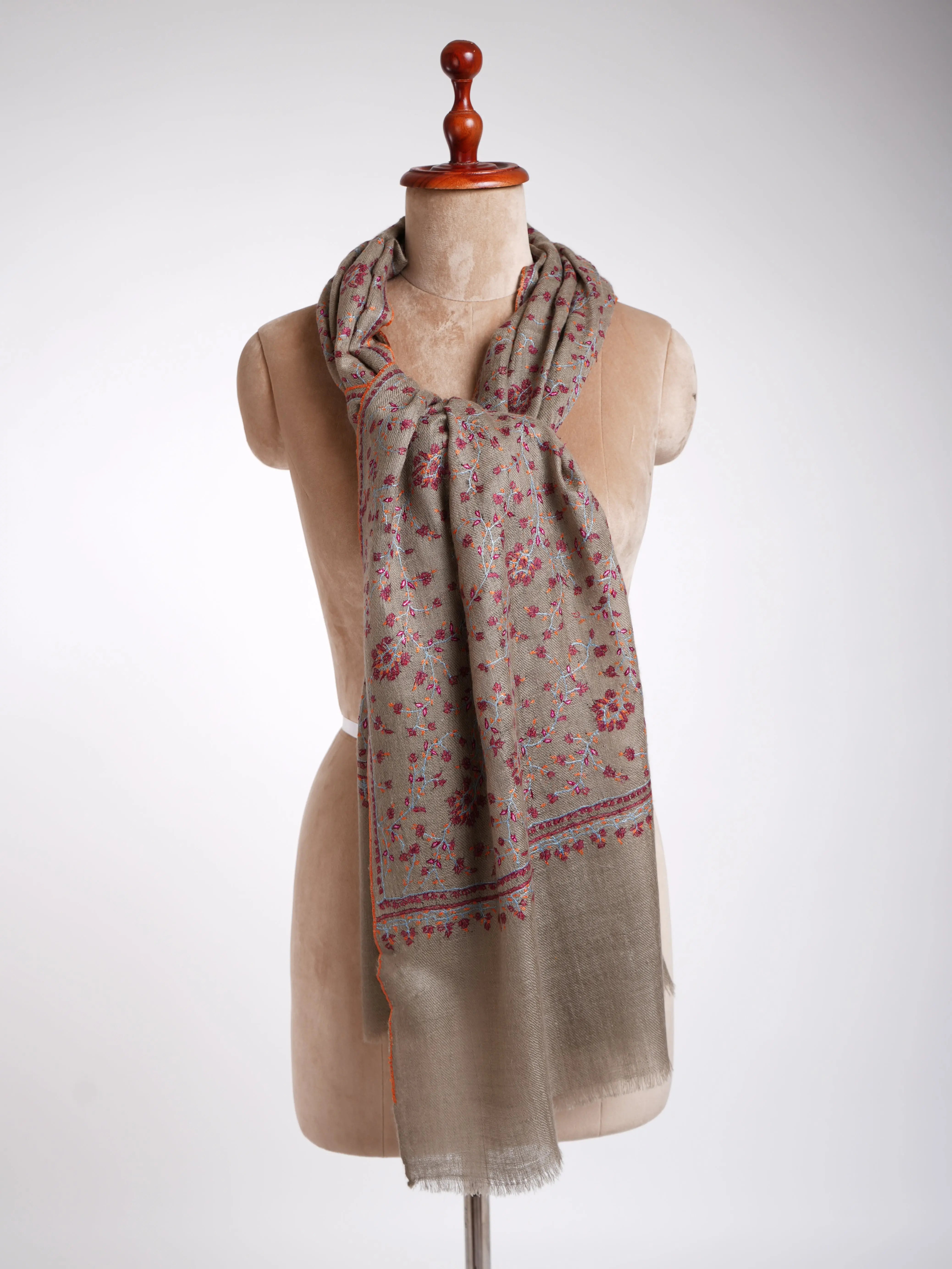 Sozni Embroidery Indian Cashmere Stole Smoke Shahkaar